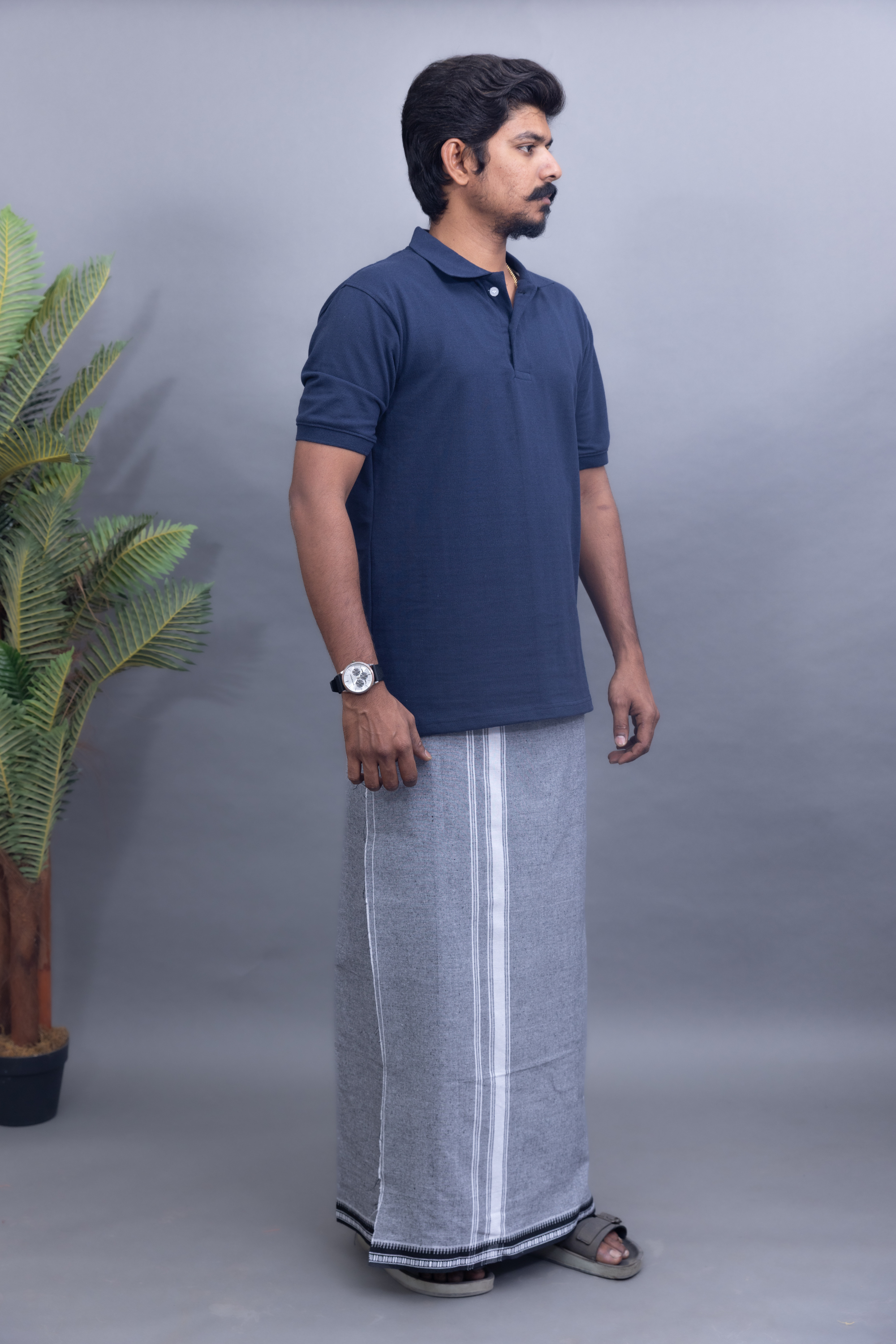 Navy Blue T-Shirt & Ash Grey Cotton Dhoti Combo for Men | Thalapathy Border| Single Layer | Comfortable Dhoti Set