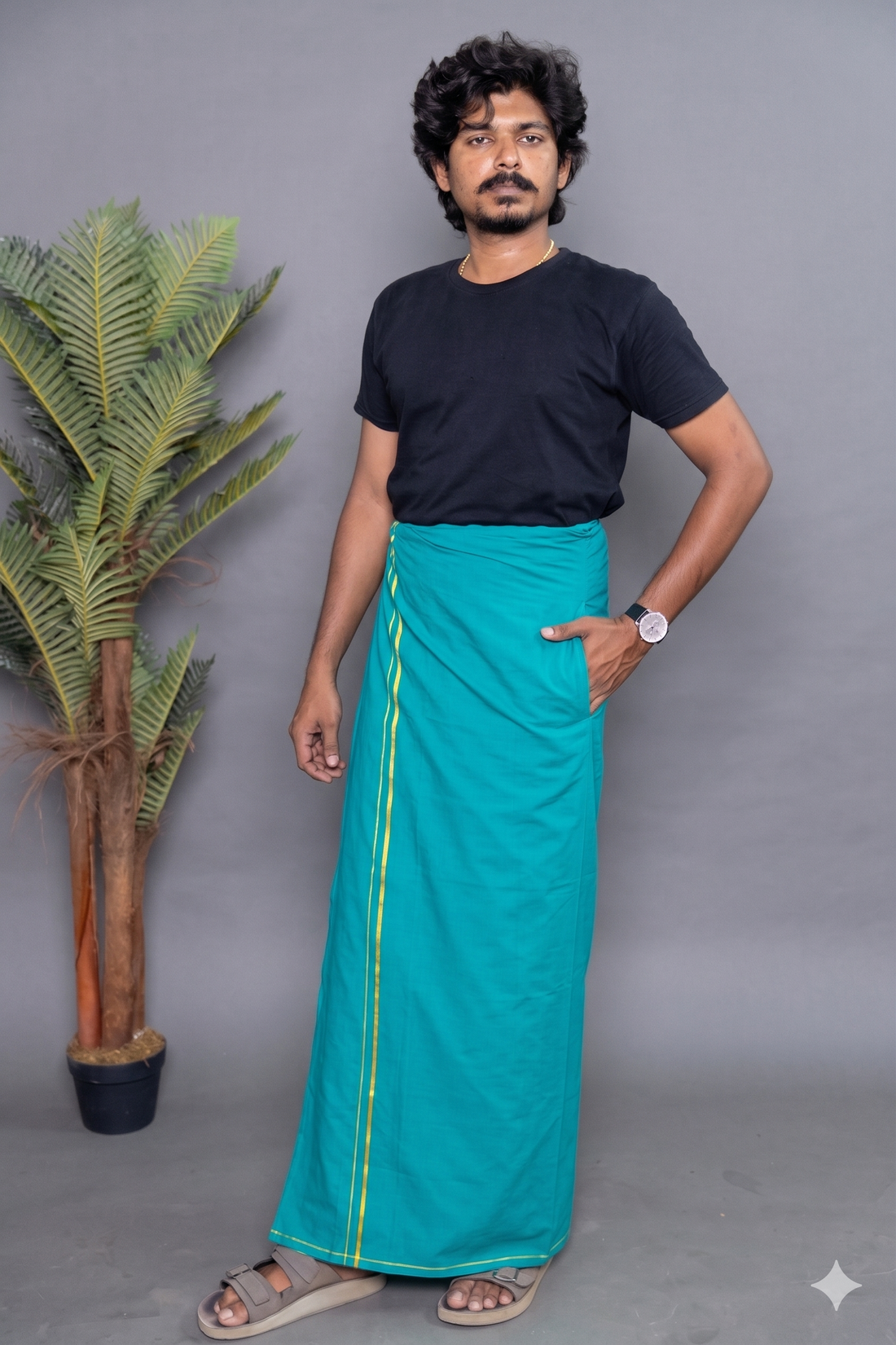 Green Colour Dhoti for Men with Velcro & Pocket – Casual Comfort Veshti