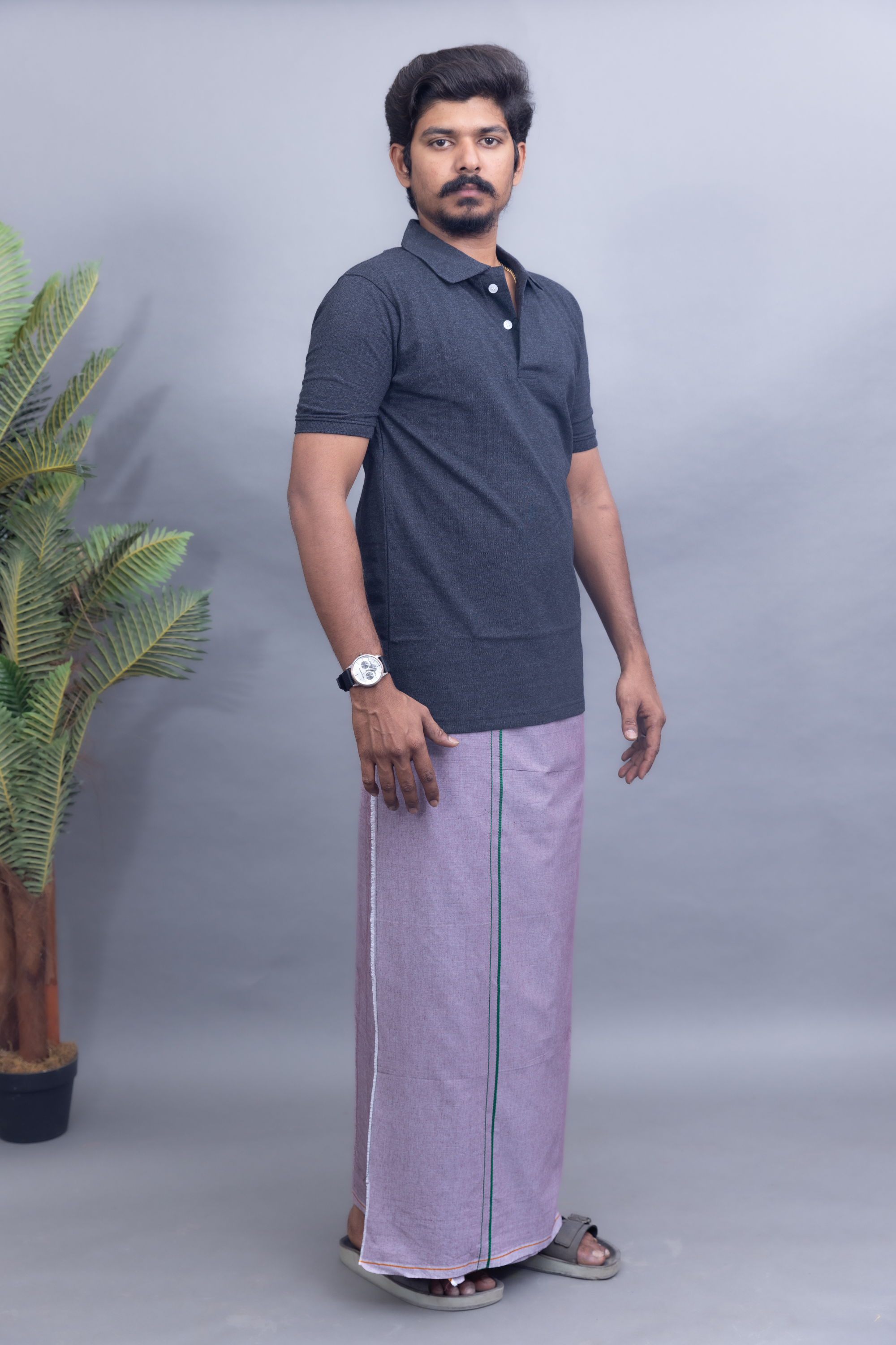 Dark Grey Polo Collar T-Shirt with Lavender Grey Colour Dhoti Combo | Men's Cotton Dhoti Set | Single Layer