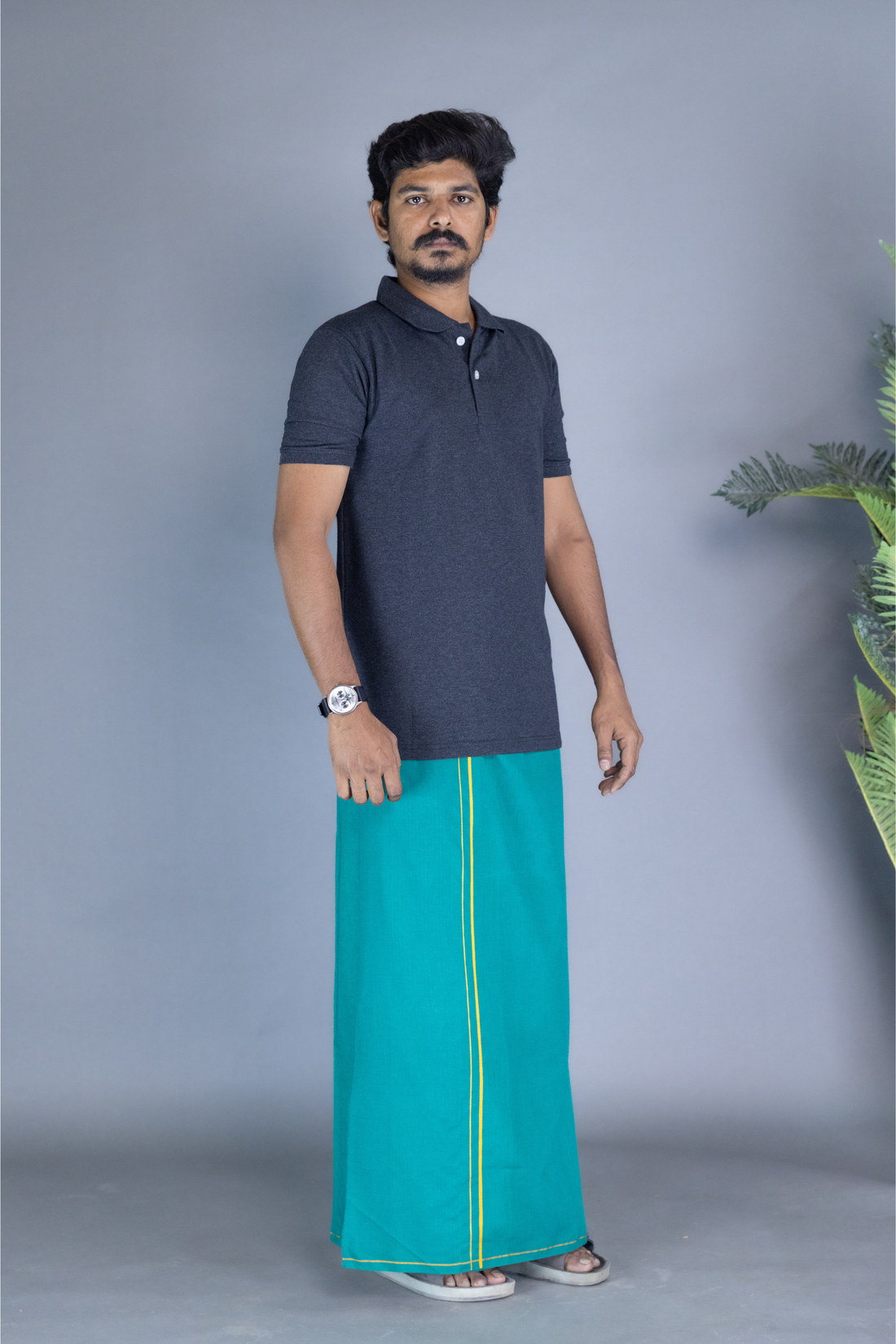 Dark Grey Polo Collar T-Shirt with Green Colour Dhoti Combo | Men's Cotton Dhoti Set | Single Layer