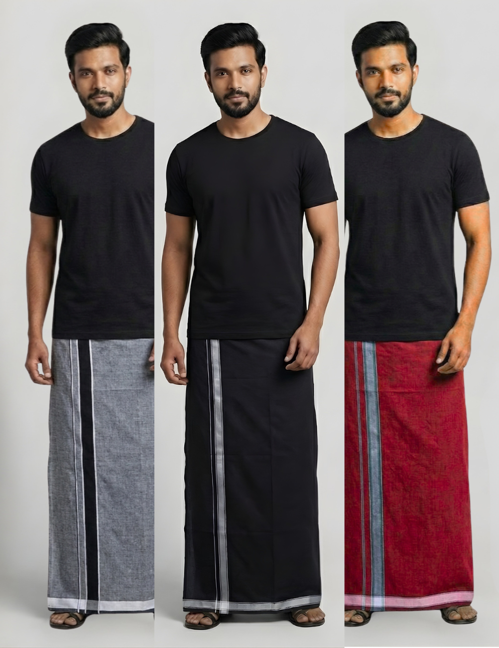 Everyday Essentials Combo – Black T-Shirt with 3 Cotton-Blend Dhotis