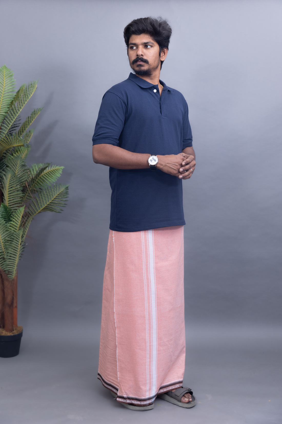 Navy Blue T-Shirt & Peach Colour Cotton Dhoti Combo for Men | Thalapathy Border| Single Layer | Comfortable Dhoti Set
