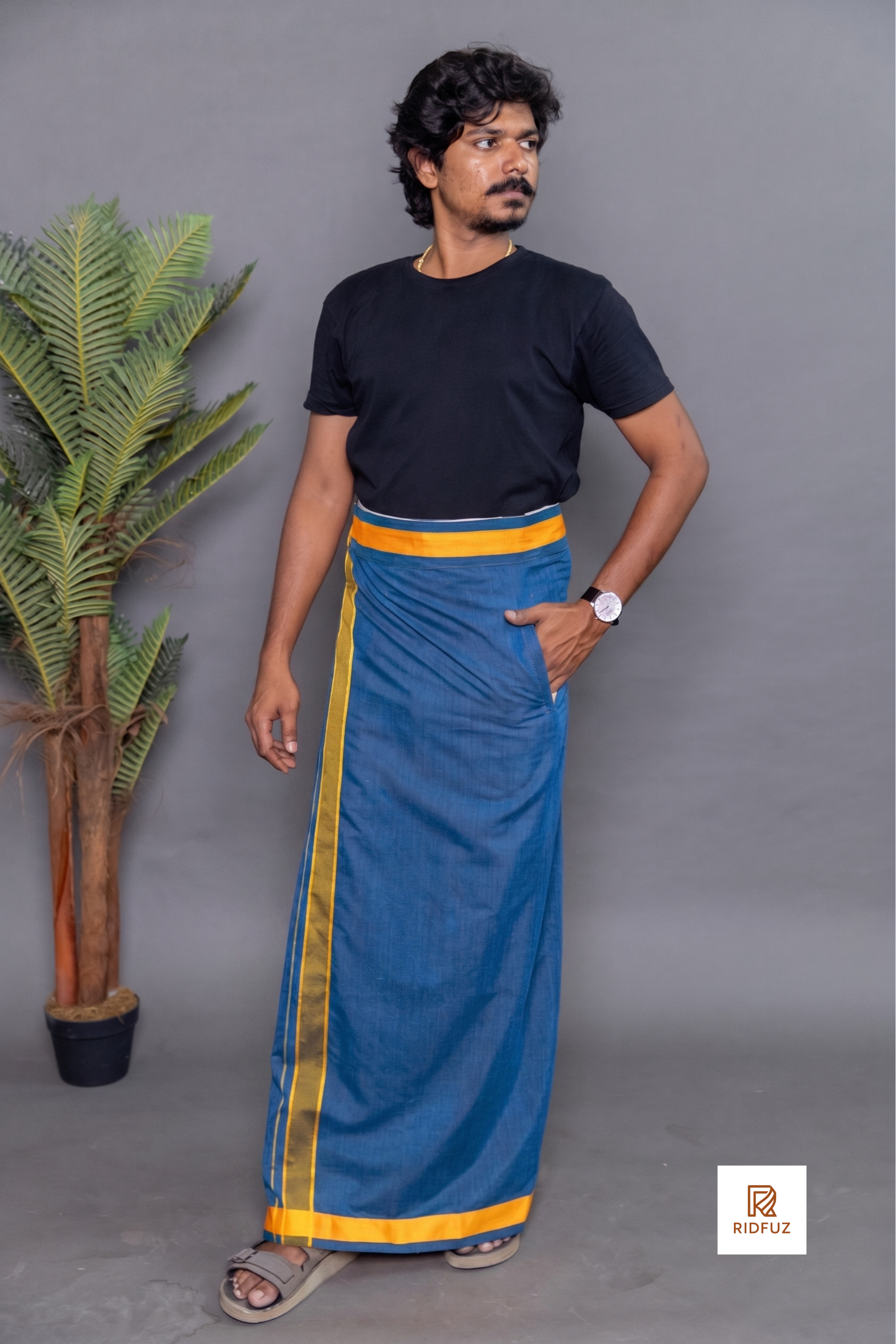 Royal Blue Colour Dhoti for Men with Velcro & Pocket – Fancy Border Comfort Wear
