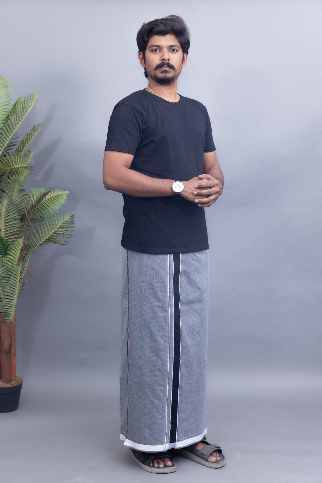 Black T-Shirt + Grey Colour Dhoti Combo | Daily Wear South Indian Style Set for Men