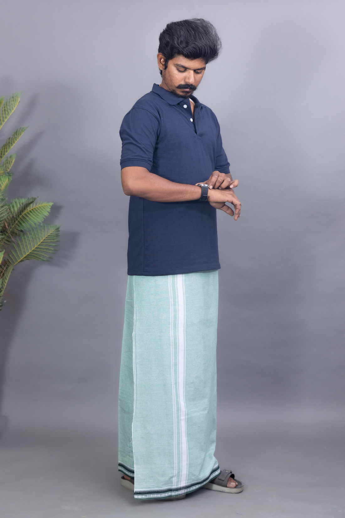 Navy Blue T-Shirt & Pista Green Cotton Dhoti Combo for Men | Thalapathy Border| Single Layer | Comfortable Dhoti Set