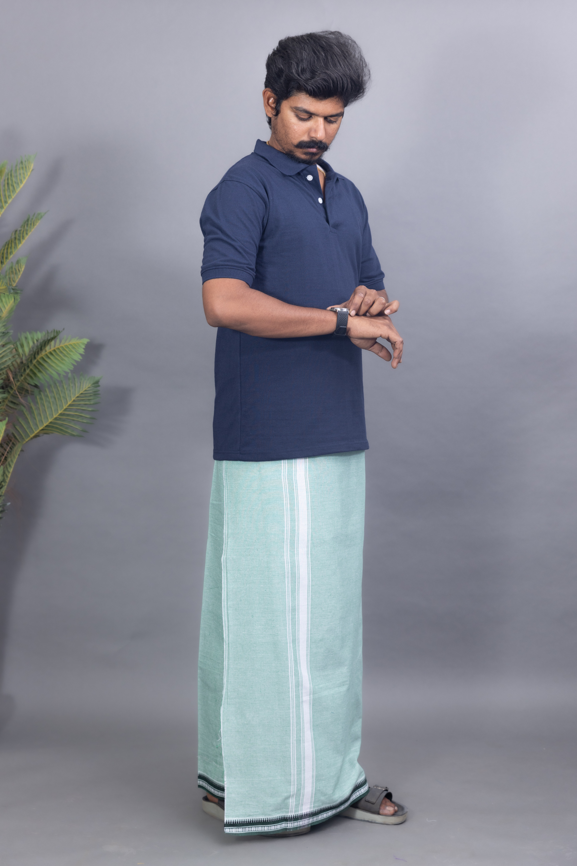 Navy Blue T-Shirt & Pista Green Cotton Dhoti Combo for Men | Thalapathy Border| Single Layer | Comfortable Dhoti Set