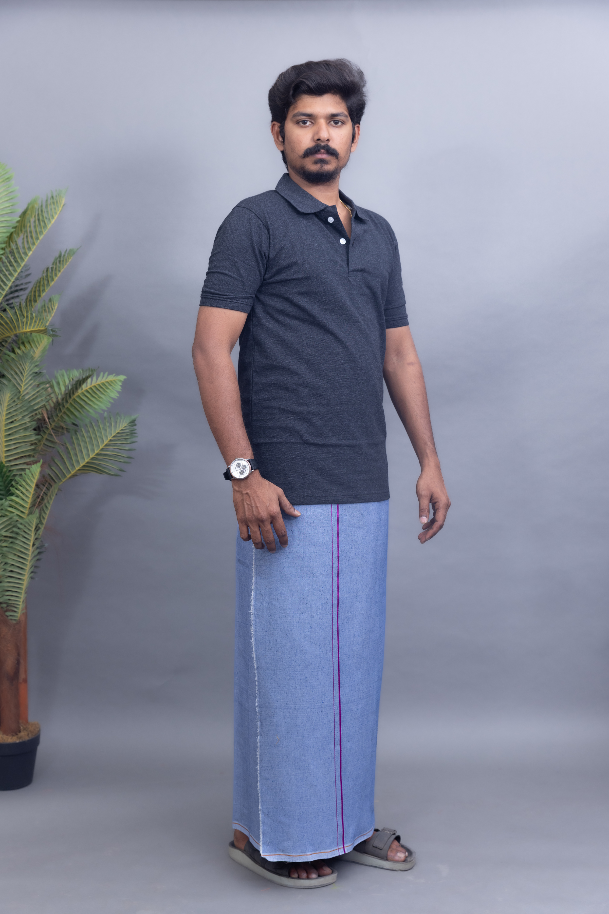 Dark Grey Polo Collar T-Shirt with Sky Blue Colour Dhoti Combo | Men's Cotton Dhoti Set | Single Layer