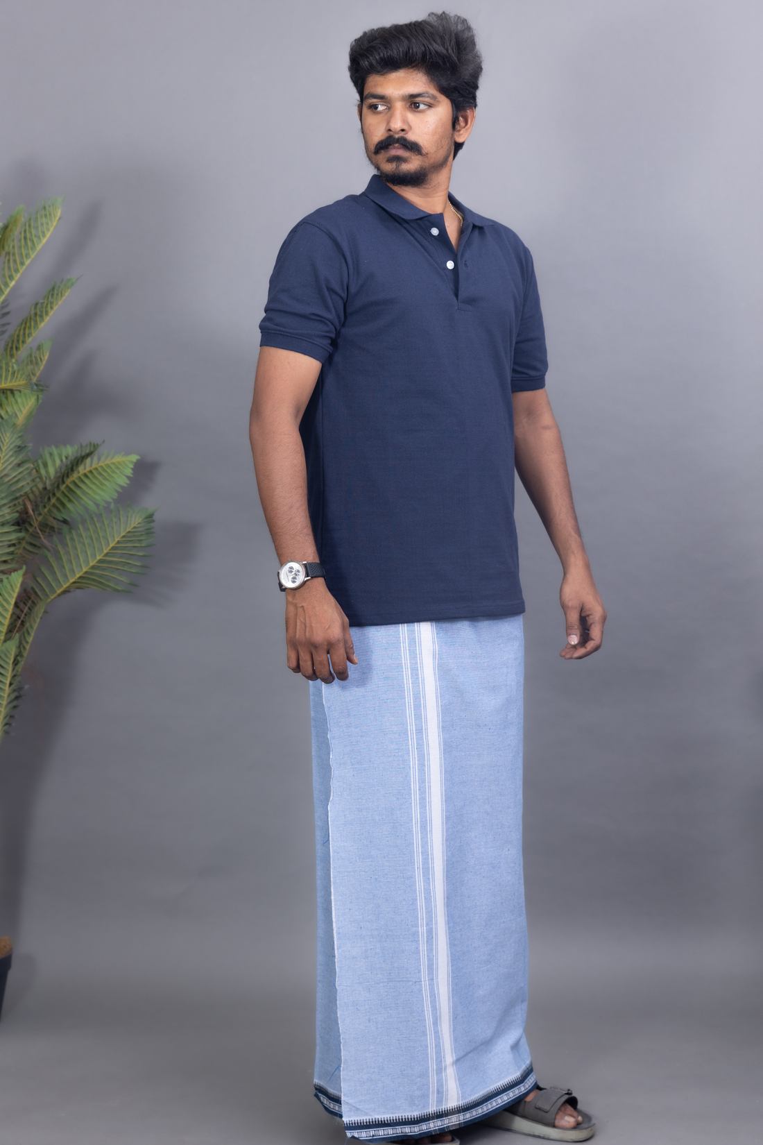 Navy Blue T-Shirt & Sky Blue Cotton Dhoti Combo for Men | Thalapathy Border | Comfortable Veshti Set