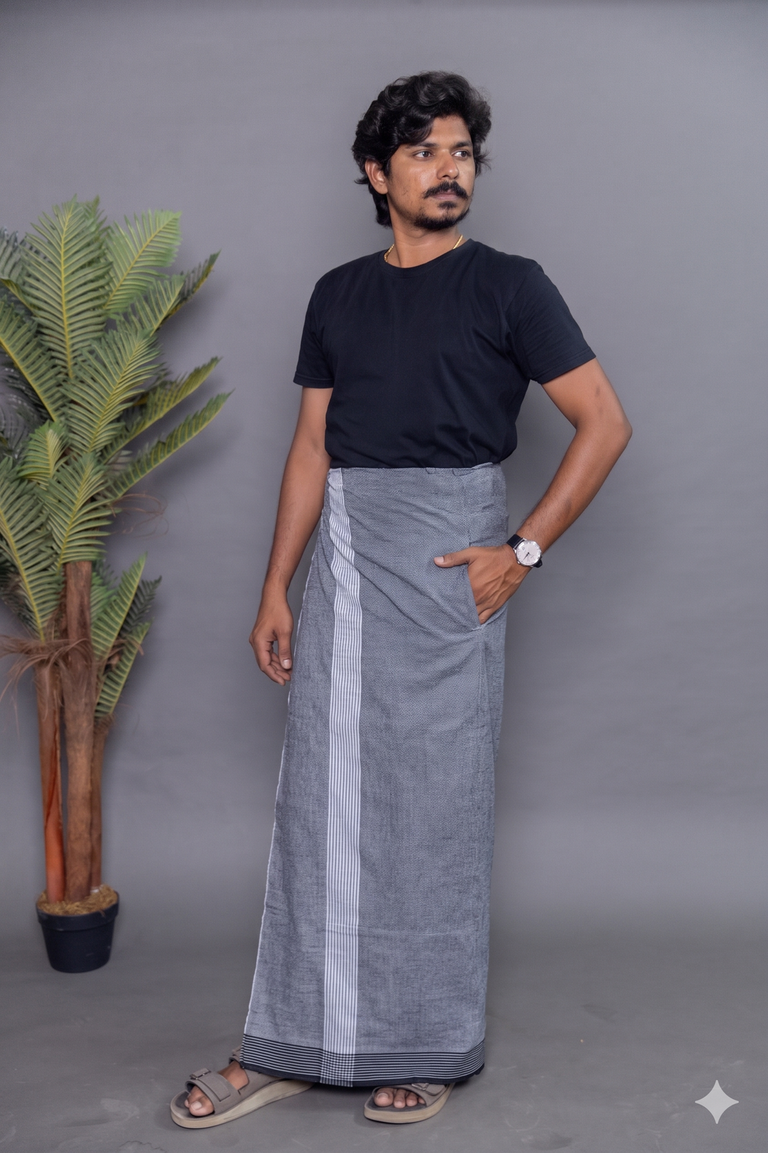 Silver Colour Dhoti for Men with Velcro & Pocket – Casual Comfort Veshti