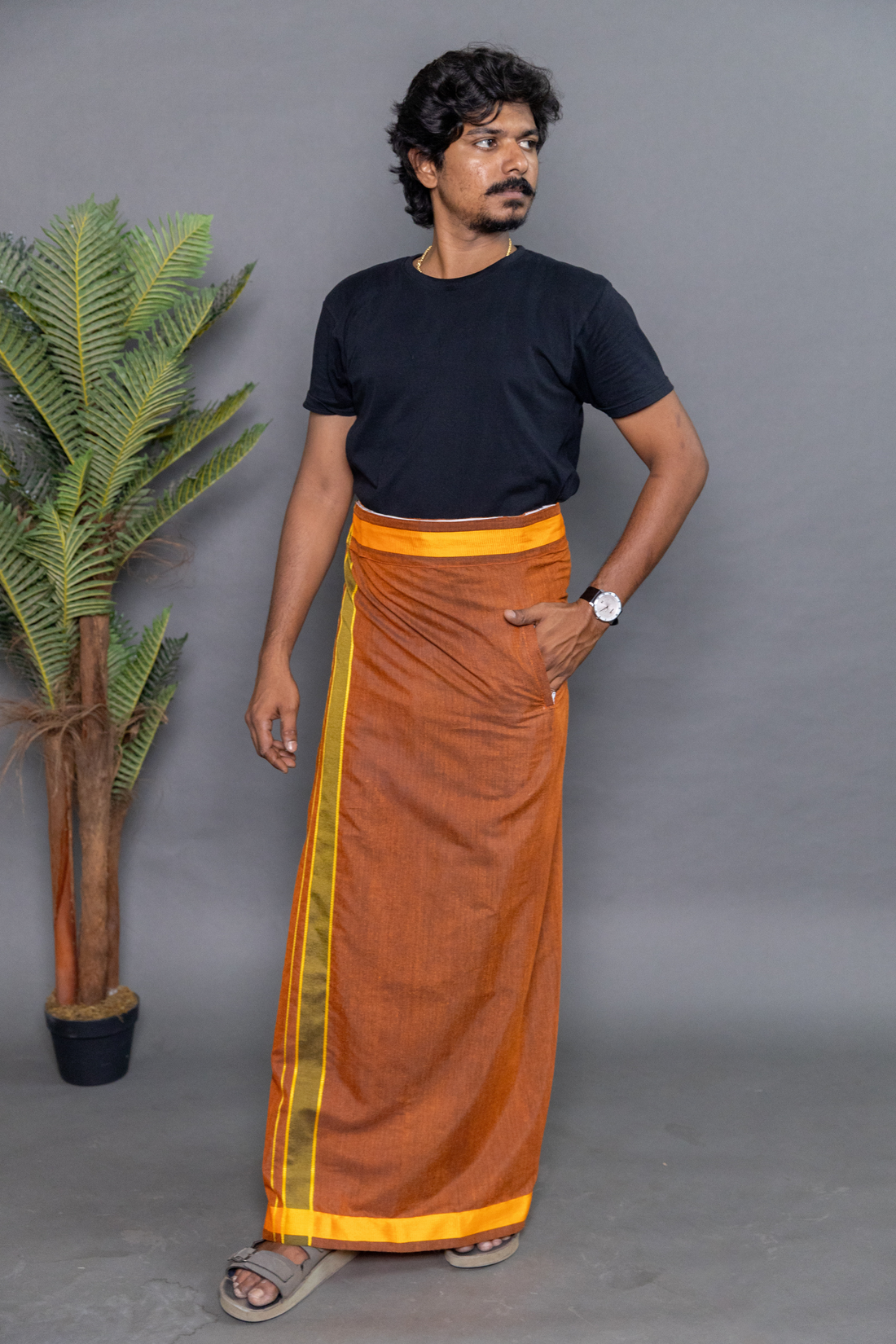 Rust Brown Colour Dhoti for Men with Velcro & Pocket – Fancy Border Comfort Wear