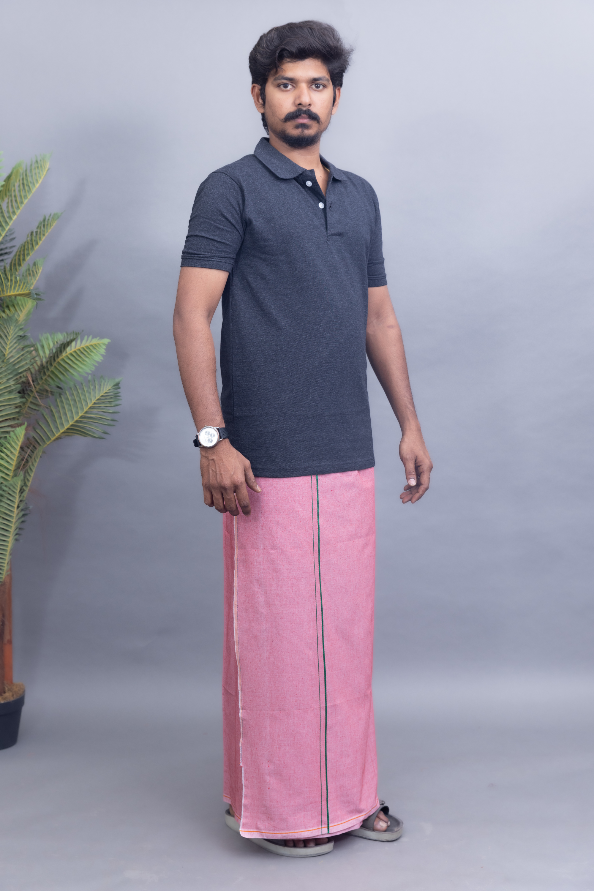 Dark Grey Polo Collar T-Shirt with Rose Pink Colour Dhoti Combo | Men's Cotton Dhoti Set | Single Layer