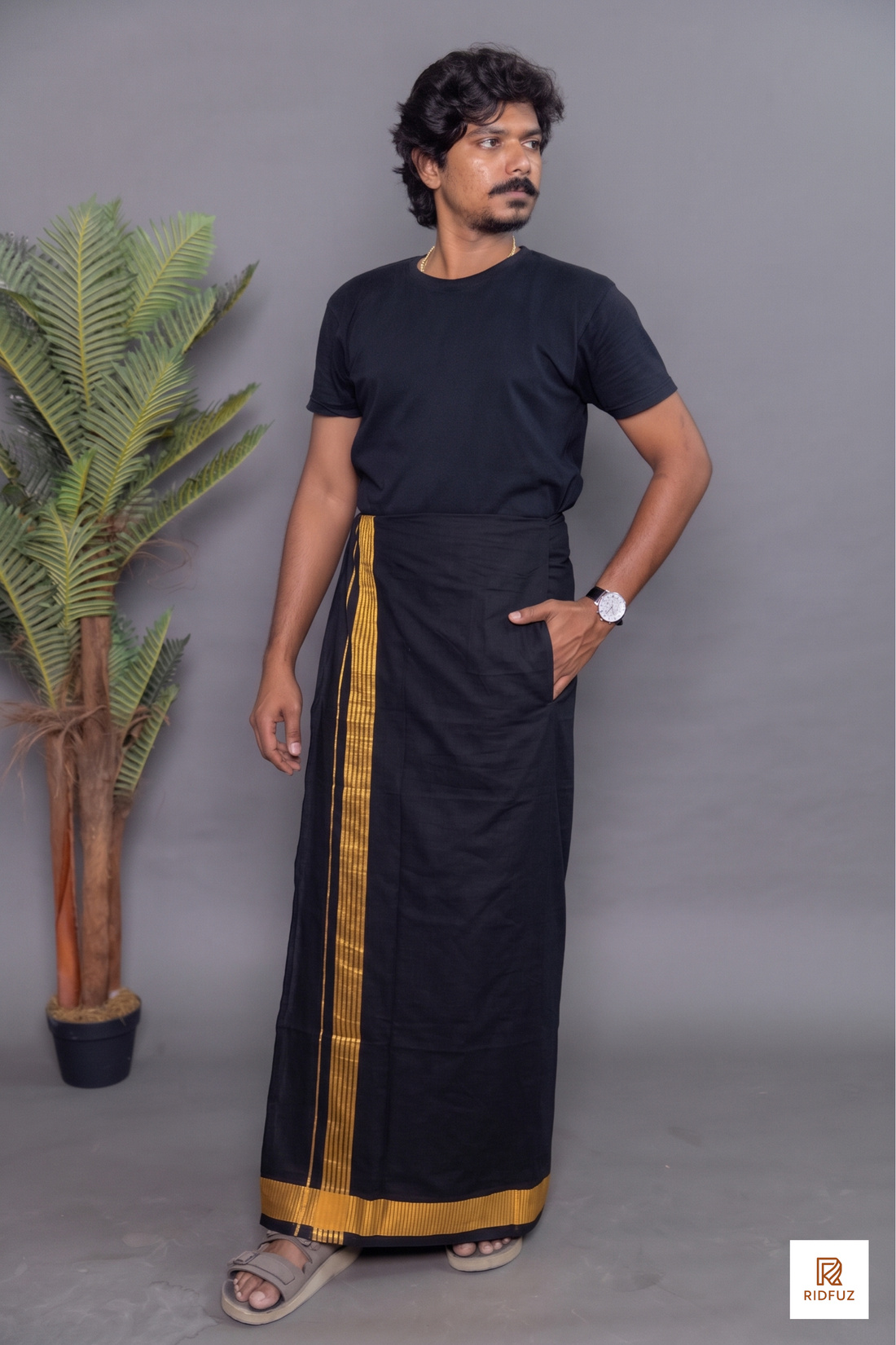 Black Colour Dhoti for Men with Velcro & Pocket – Fancy Border Comfort Wear