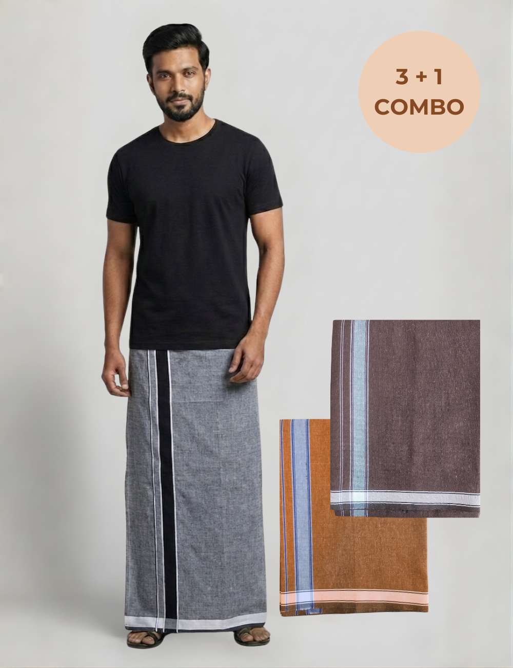 Everyday Essentials Combo – Black T-Shirt with 3 Cotton-Blend Dhotis