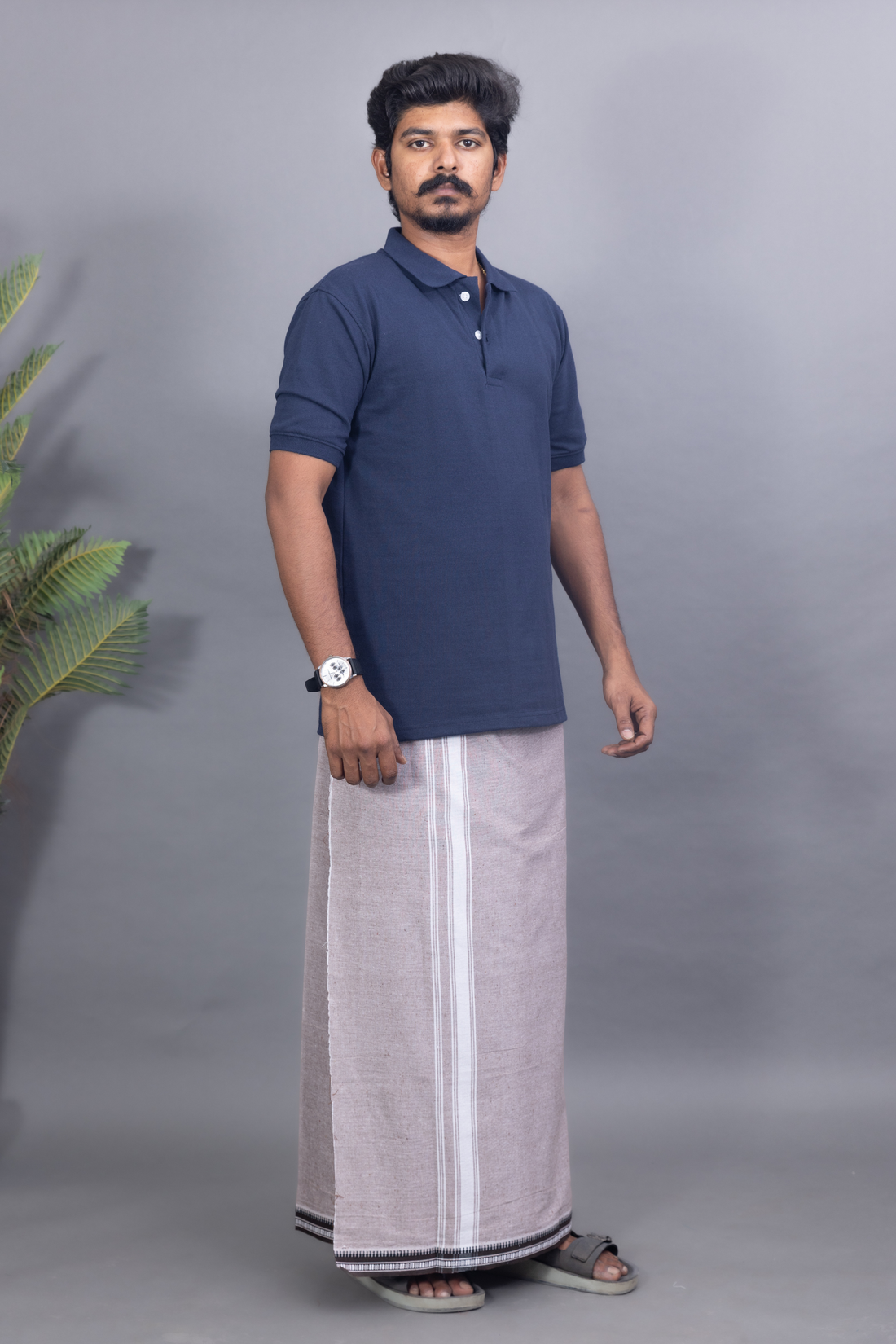 Navy Blue T-Shirt & Silver Grey Cotton Dhoti Combo for Men | Thalapathy Border| Single Layer | Comfortable Dhoti Set