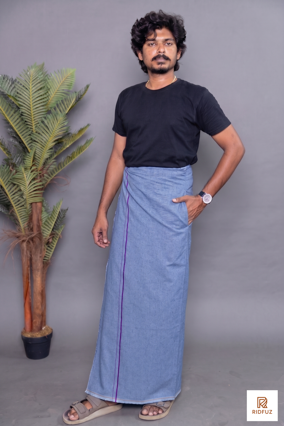 Blue Colour Dhoti for Men with Velcro & Pocket – Casual Comfort Veshti
