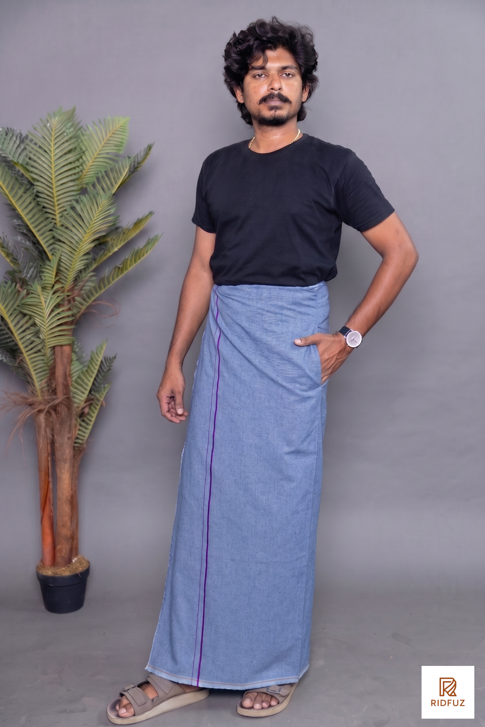 Blue Colour Dhoti for Men with Velcro & Pocket – Casual Comfort Veshti