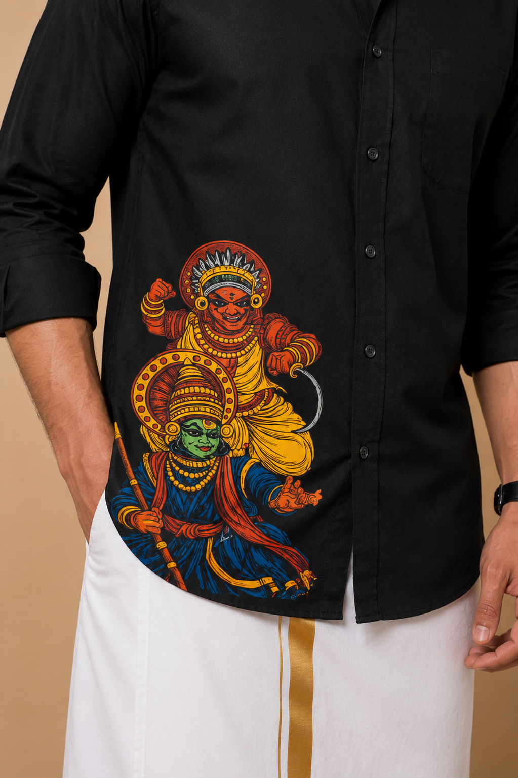 Pure Cotton Full Sleeve Black Shirt – Kathakali & Theyyam Printed