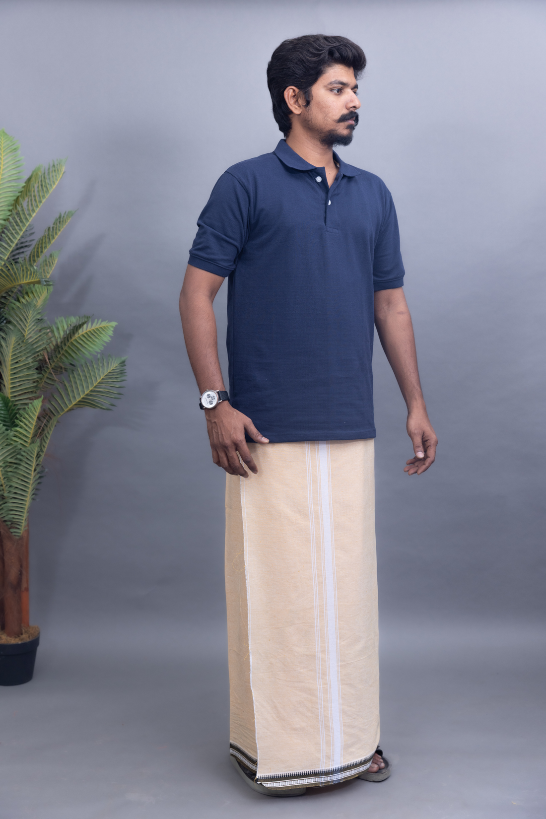 Navy Blue T-Shirt & Sandal Colour Cotton Dhoti Combo for Men | Thalapathy Border| Single Layer | Comfortable Dhoti Set