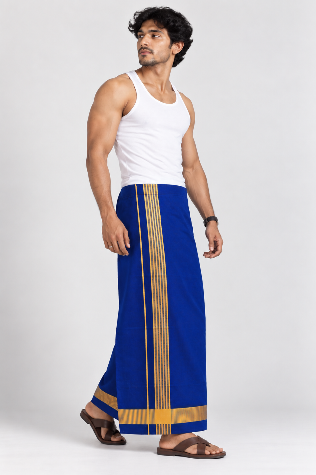 Navy Blue Golden Border Velcro Pocket Dhoti