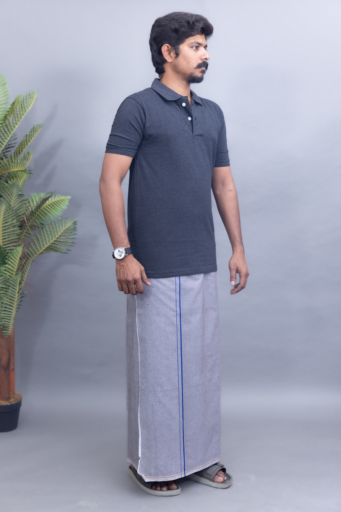 Dark Grey Polo Collar T-Shirt with Ash Grey Colour Dhoti Combo | Men's Cotton Dhoti Set | Single Layer