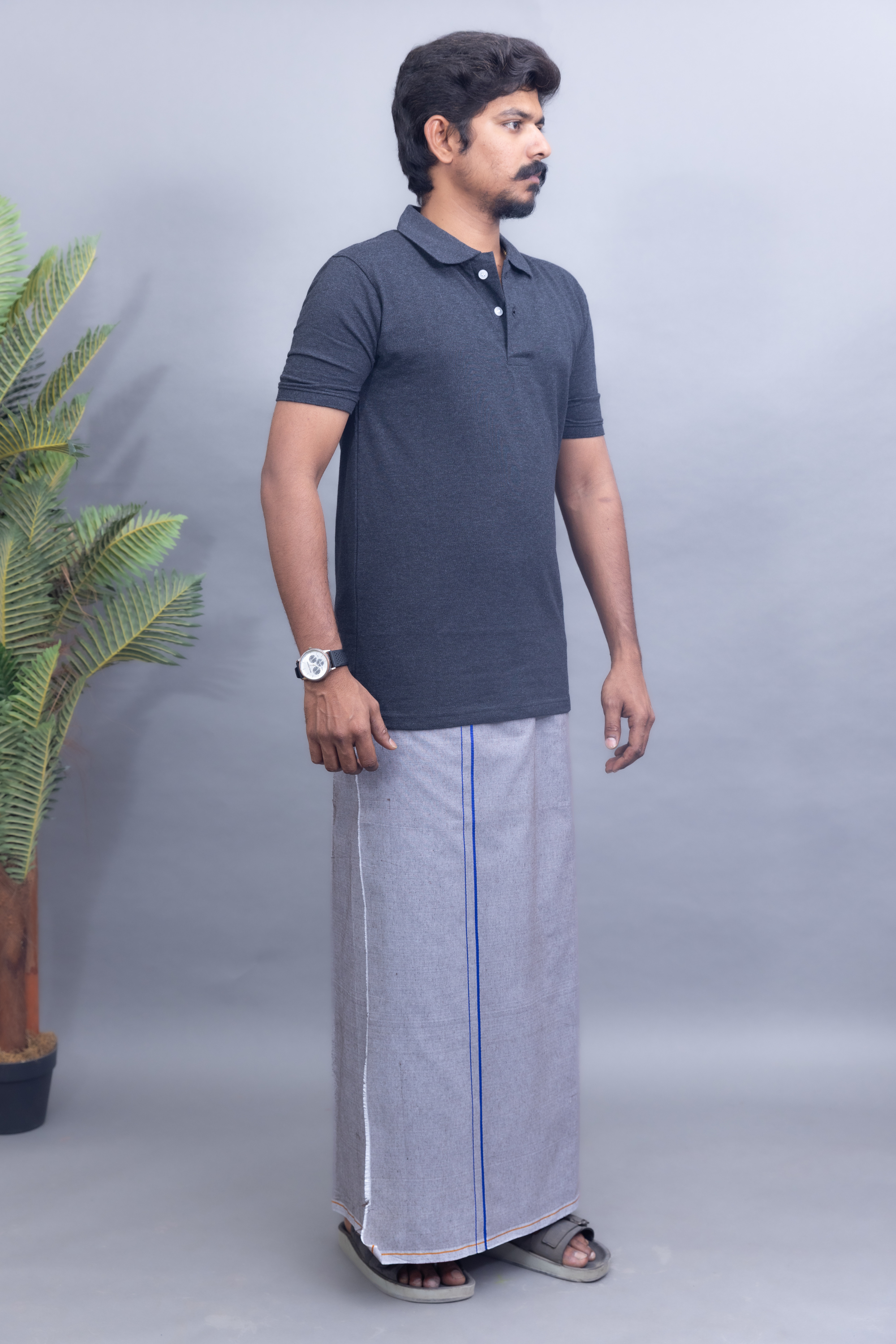 Dark Grey Polo Collar T-Shirt with Ash Grey Colour Dhoti Combo | Men's Cotton Dhoti Set | Single Layer