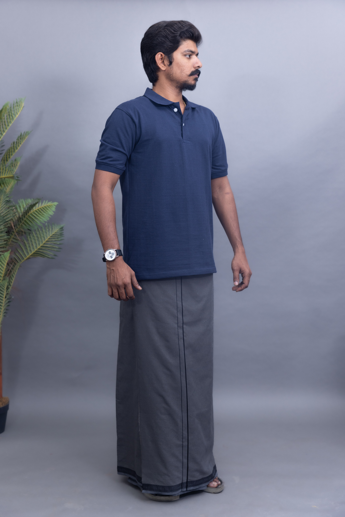 Navy Blue Polo Collar T-Shirt with Silver Colour Pentex Dhoti Combo | Men's Cotton Dhoti Set | Single Layer