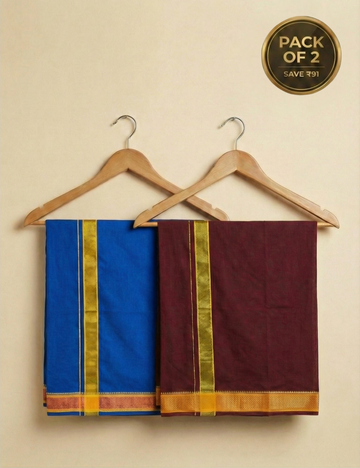 Royal Blue & Deep Maroon Colour Cotton Blend Single Layer Dhoti Combo (Padayappa Border) | Pack Of 2