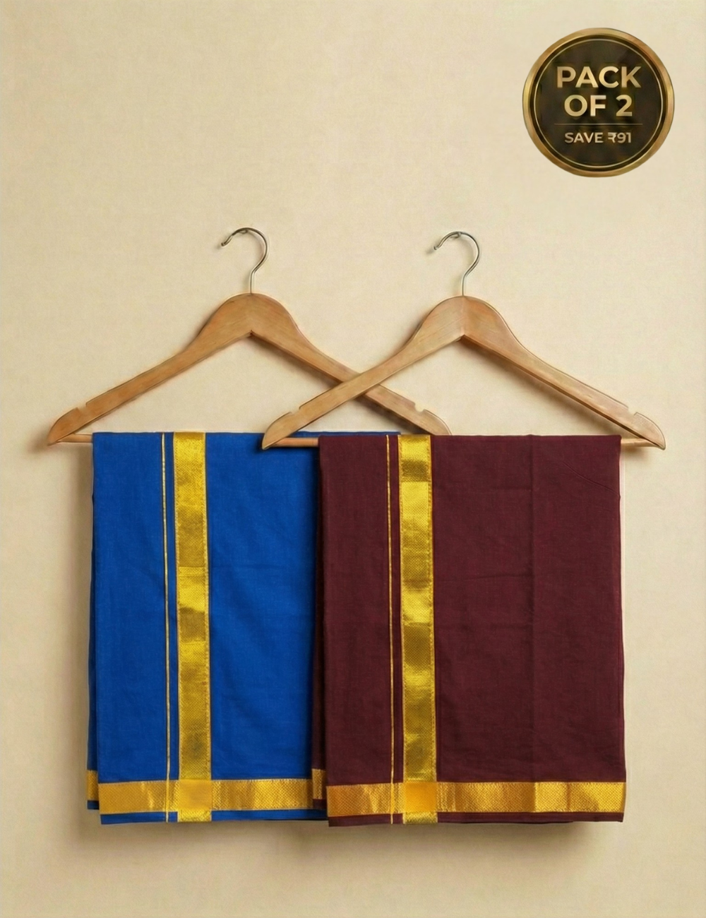 Royal Blue & Maroon Cotton Blend Single Layer Dhoti Combo (Rajamanikkam Border) | Pack Of 2