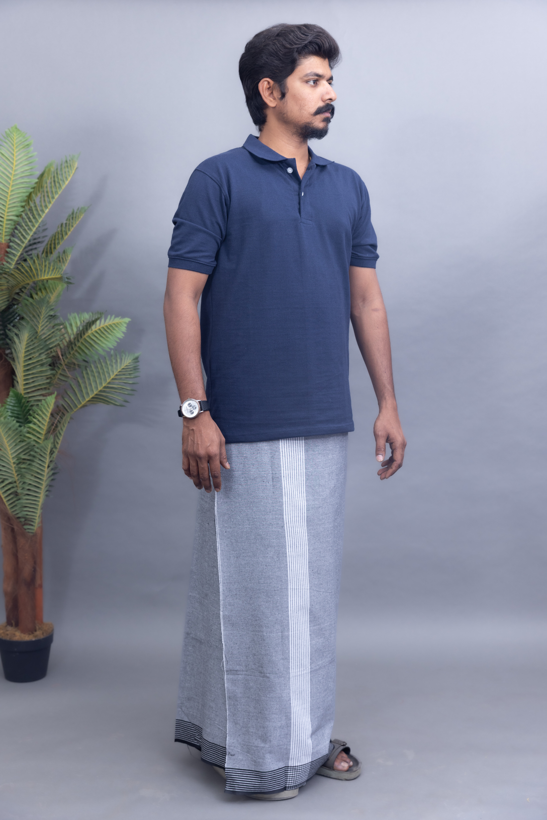 Navy Blue Polo Collar T-Shirt with Silver Vari Kara Dhoti Combo | Men's Cotton Dhoti Set | Single Layer