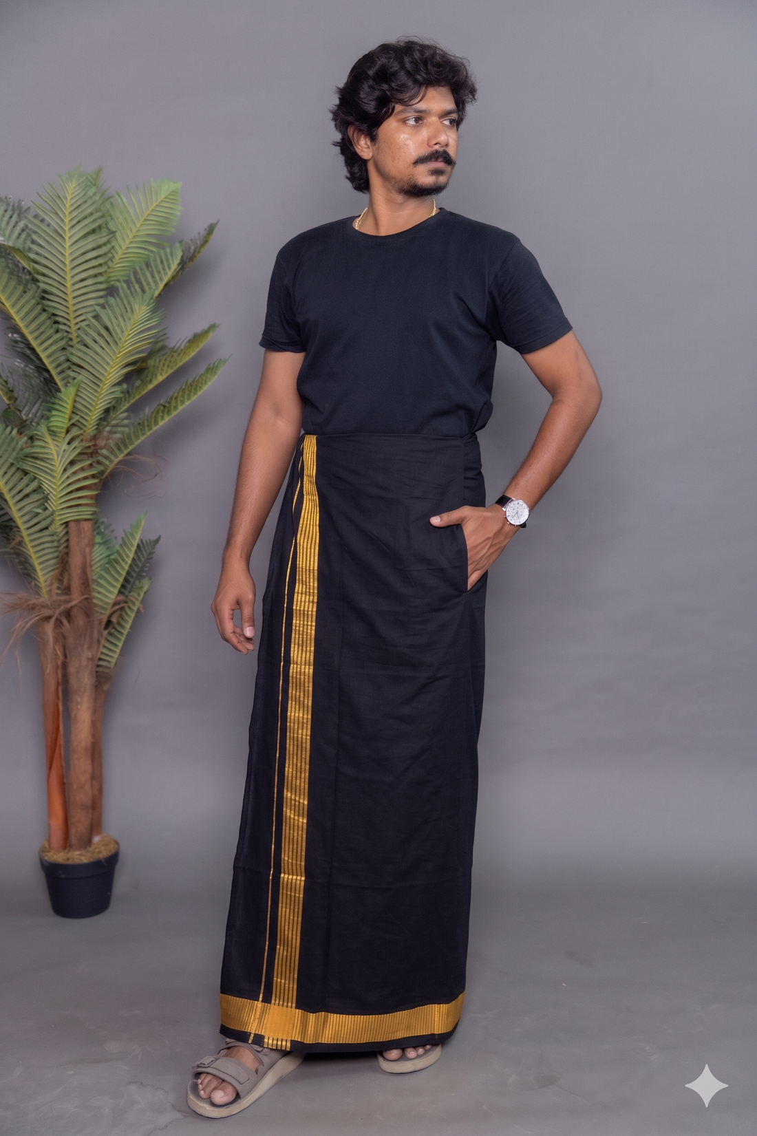 Black Colour Dhoti for Men with Velcro & Pocket – Fancy Border Comfort Wear