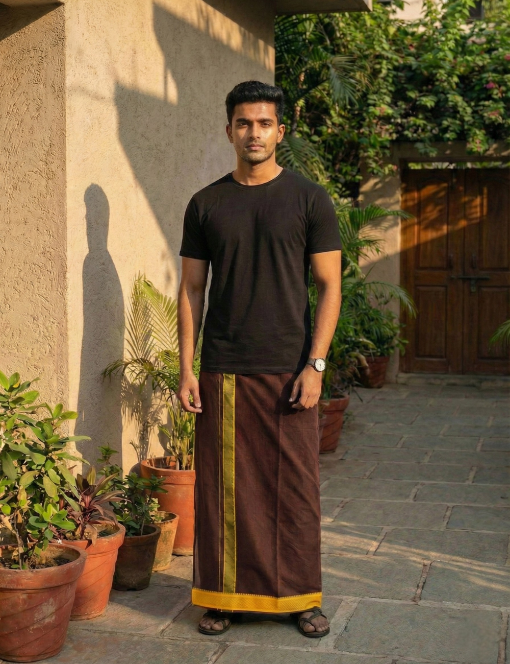 Whine Brown & Violet Colour Cotton Blend Single Layer Dhoti Combo (Padayappa Border) | Pack Of 2