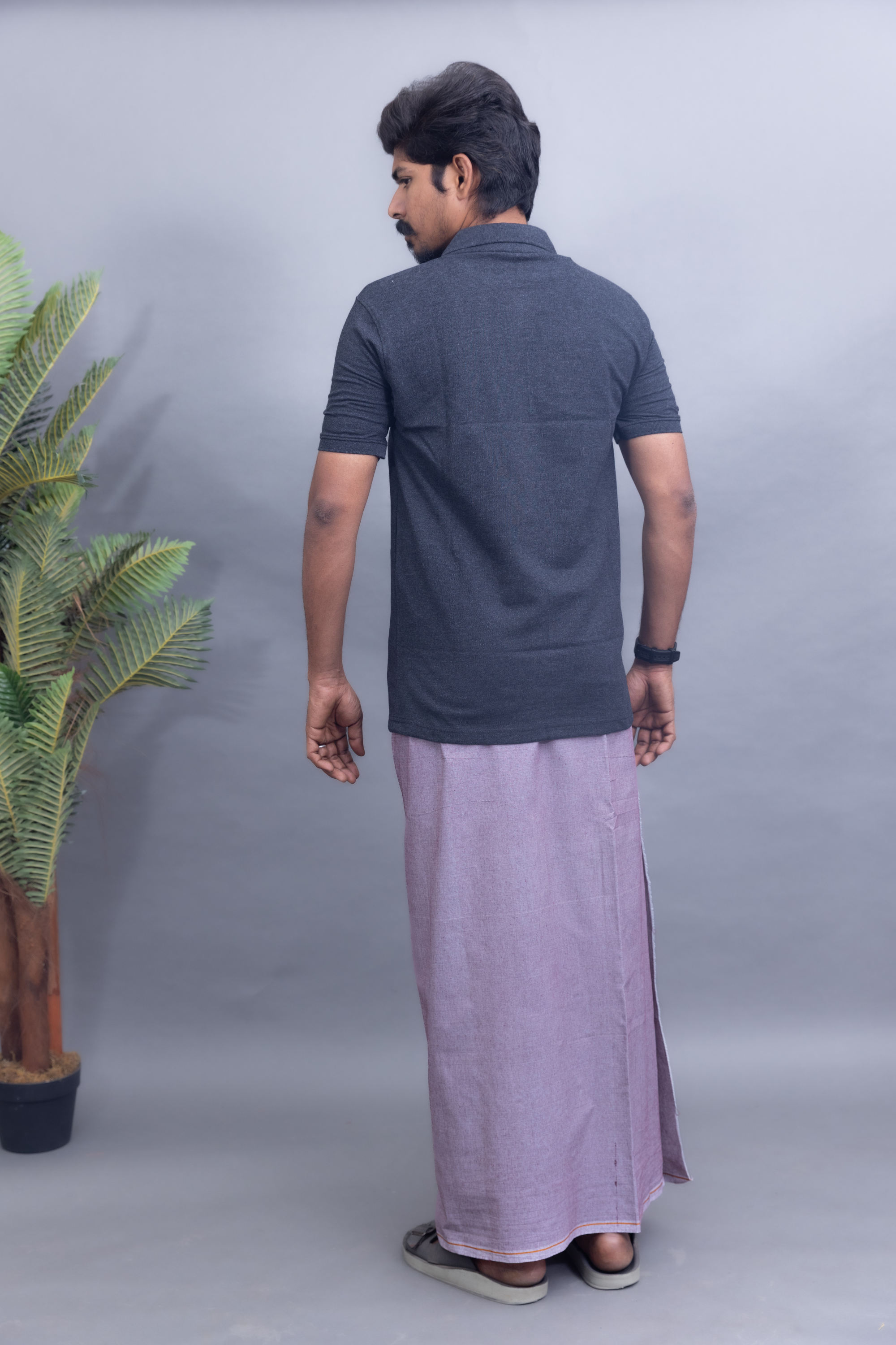 Dark Grey Polo Collar T-Shirt with Lavender Grey Colour Dhoti Combo | Men's Cotton Dhoti Set | Single Layer