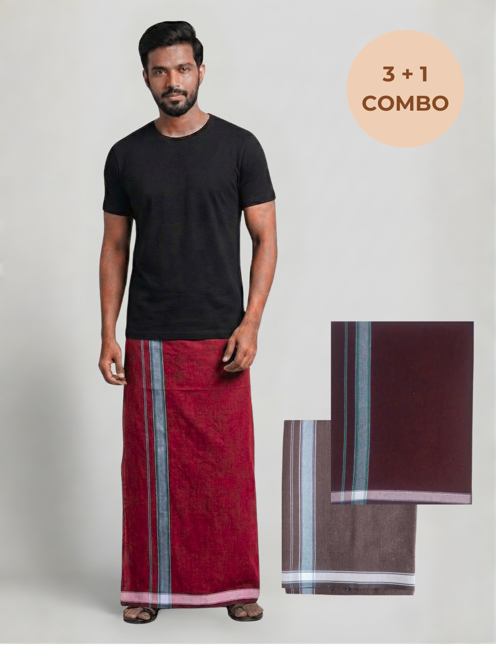 Culture Statement Combo – Black T-Shirt with 3 Cotton-Blend Dhotis