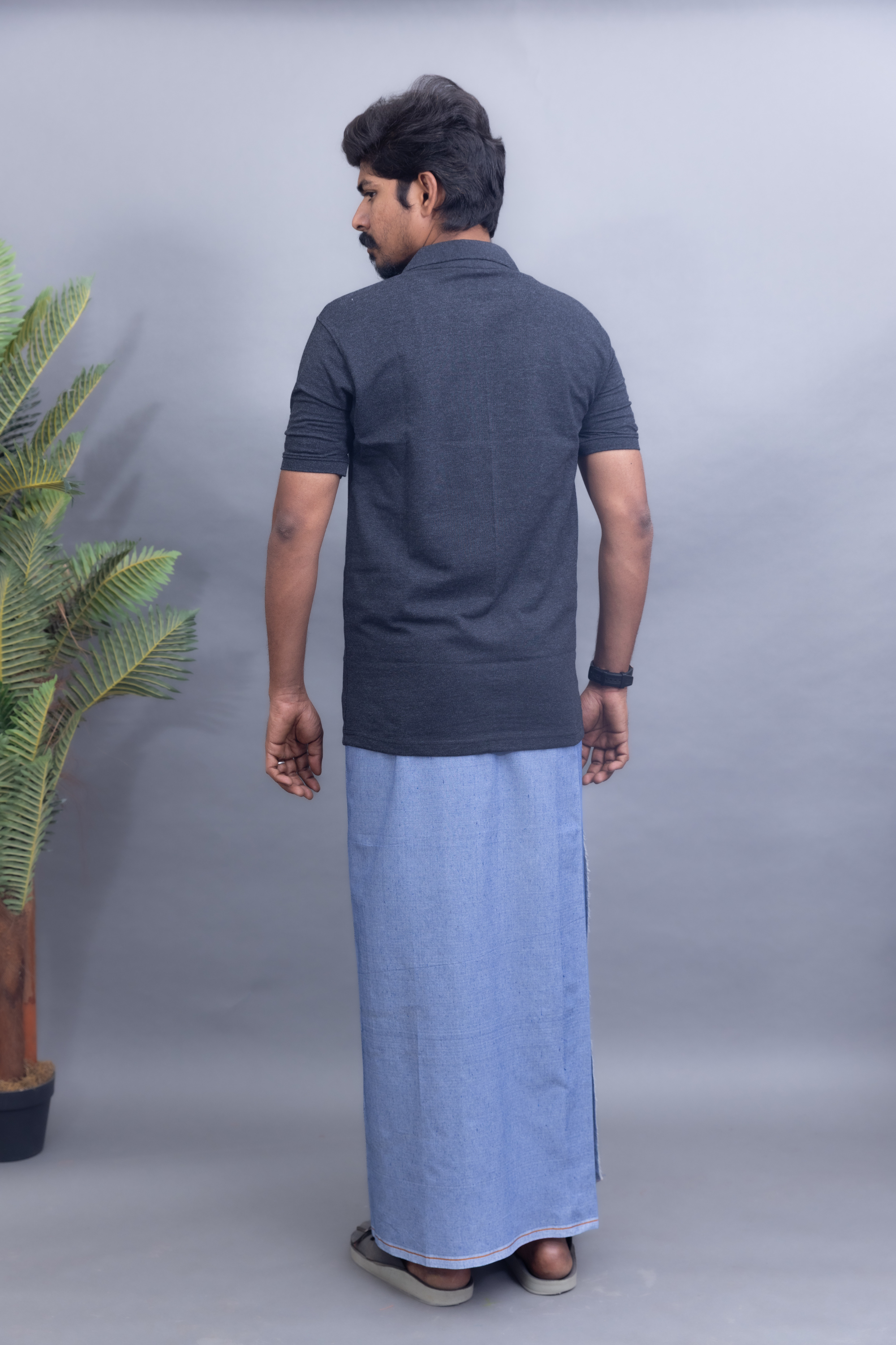 Dark Grey Polo Collar T-Shirt with Sky Blue Colour Dhoti Combo | Men's Cotton Dhoti Set | Single Layer