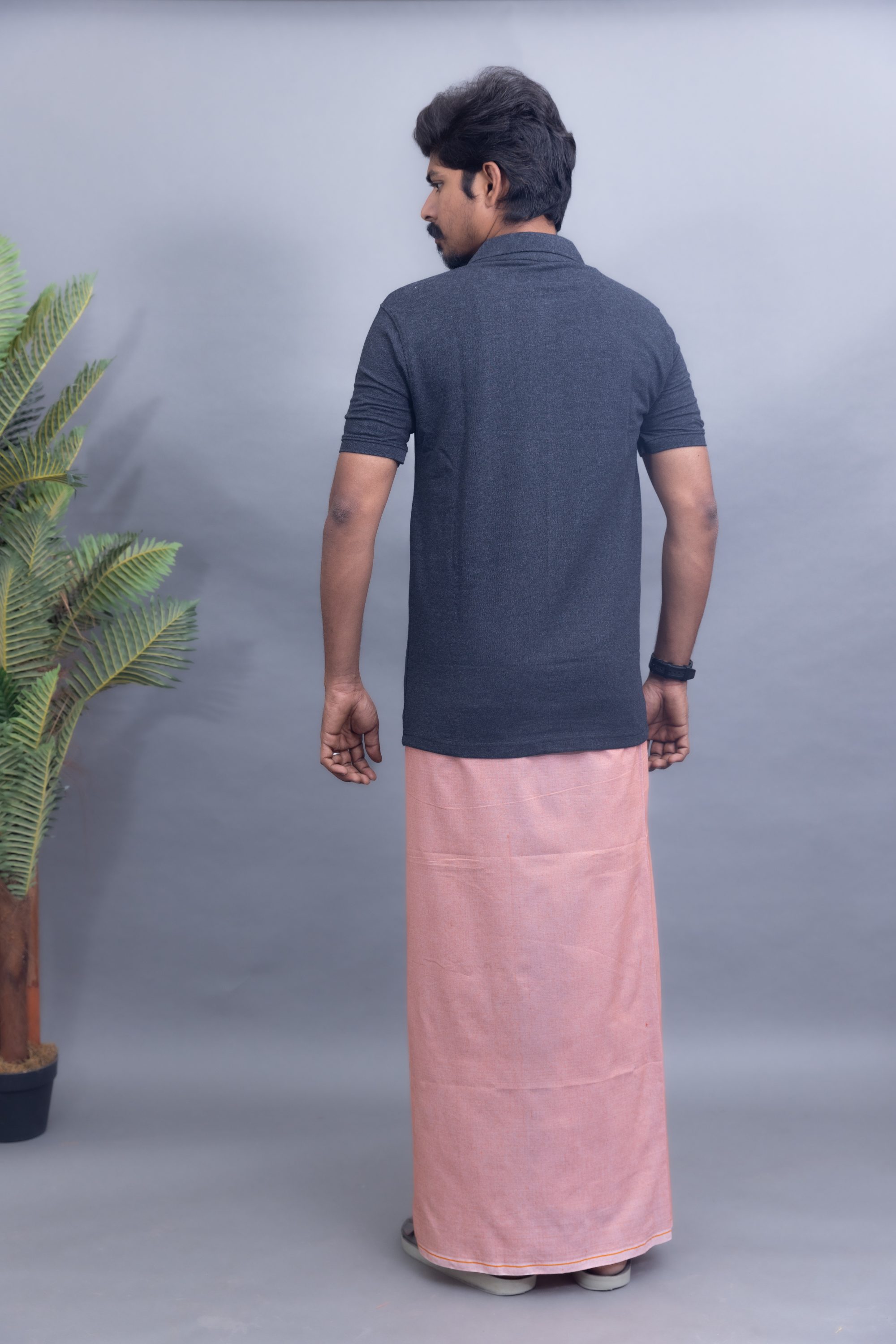 Dark Grey Polo Collar T-Shirt with Peach Colour Dhoti Combo | Men's Cotton Dhoti Set | Single Layer