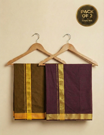 Olive Brown & Deep Maroon Colour Cotton Blend Single Layer Dhoti Combo (Padayappa Border) | Pack Of 2
