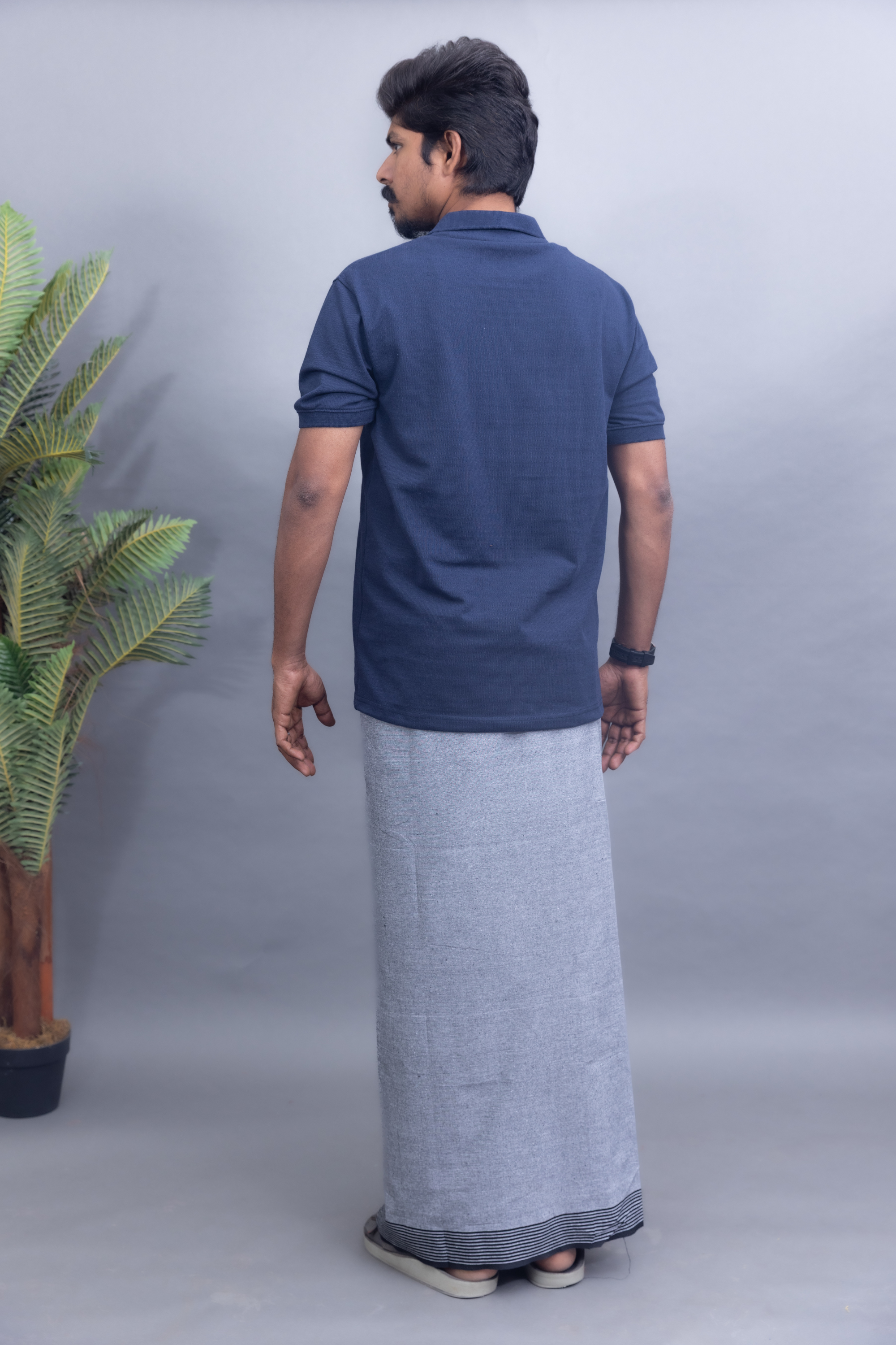 Navy Blue Polo Collar T-Shirt with Silver Vari Kara Dhoti Combo | Men's Cotton Dhoti Set | Single Layer