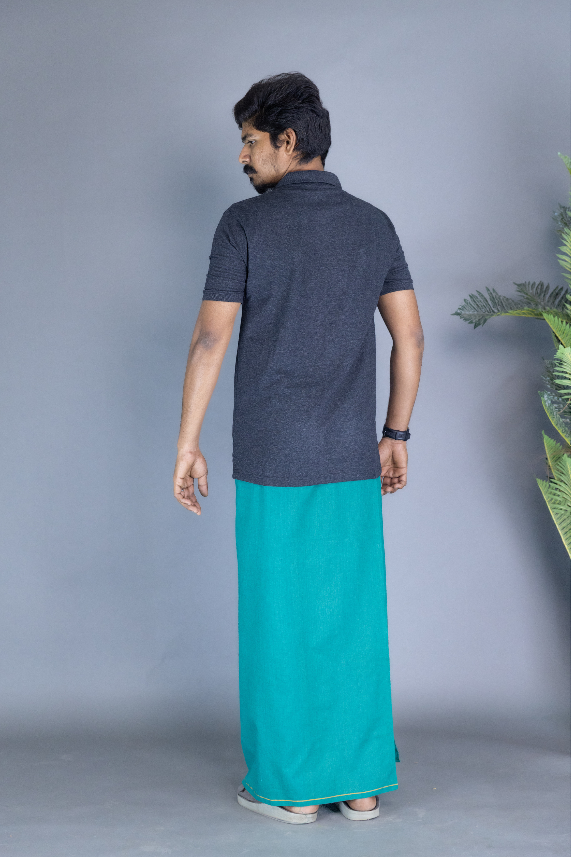 Dark Grey Polo Collar T-Shirt with Green Colour Dhoti Combo | Men's Cotton Dhoti Set | Single Layer
