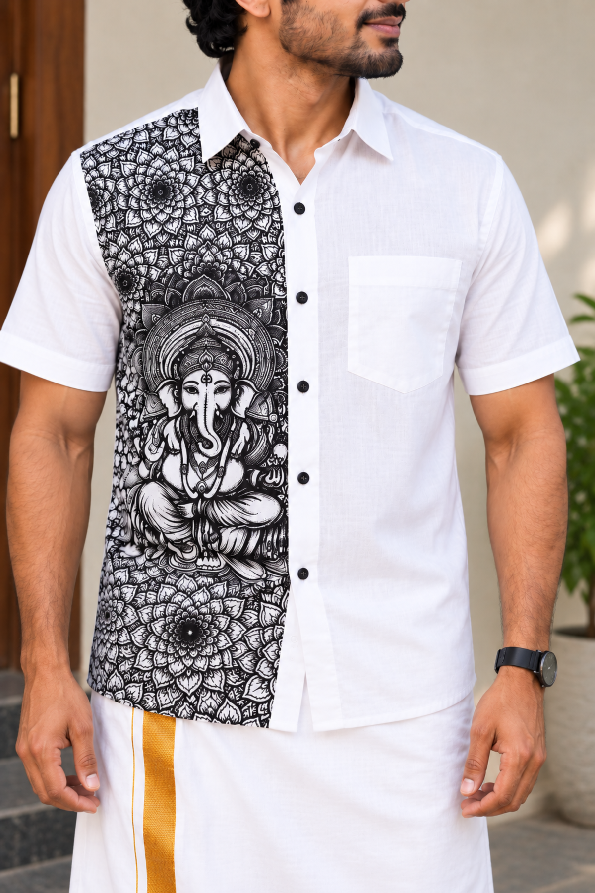 Ganesha Half Printed Shirt With White Pocket Dhoti Combo