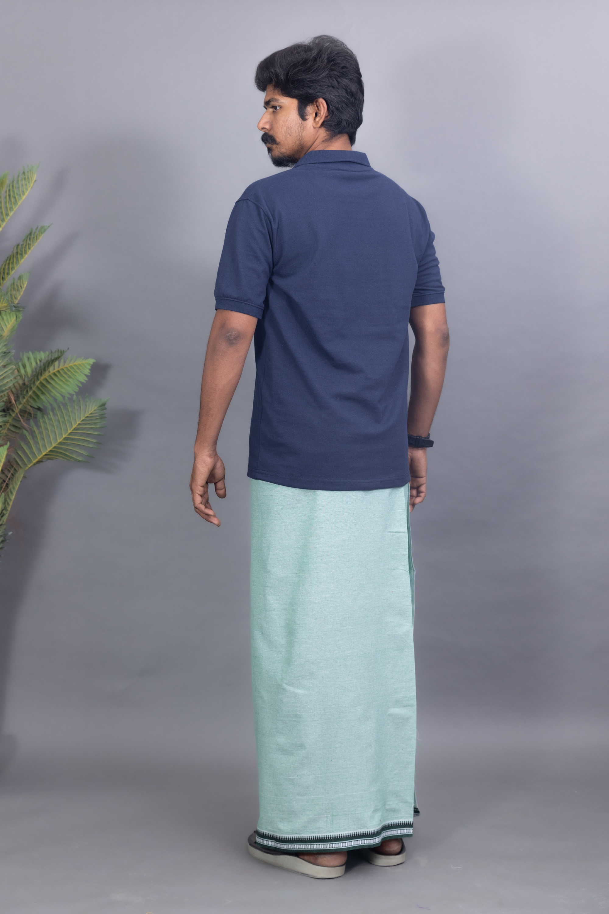 Navy Blue T-Shirt & Pista Green Cotton Dhoti Combo for Men | Thalapathy Border| Single Layer | Comfortable Dhoti Set