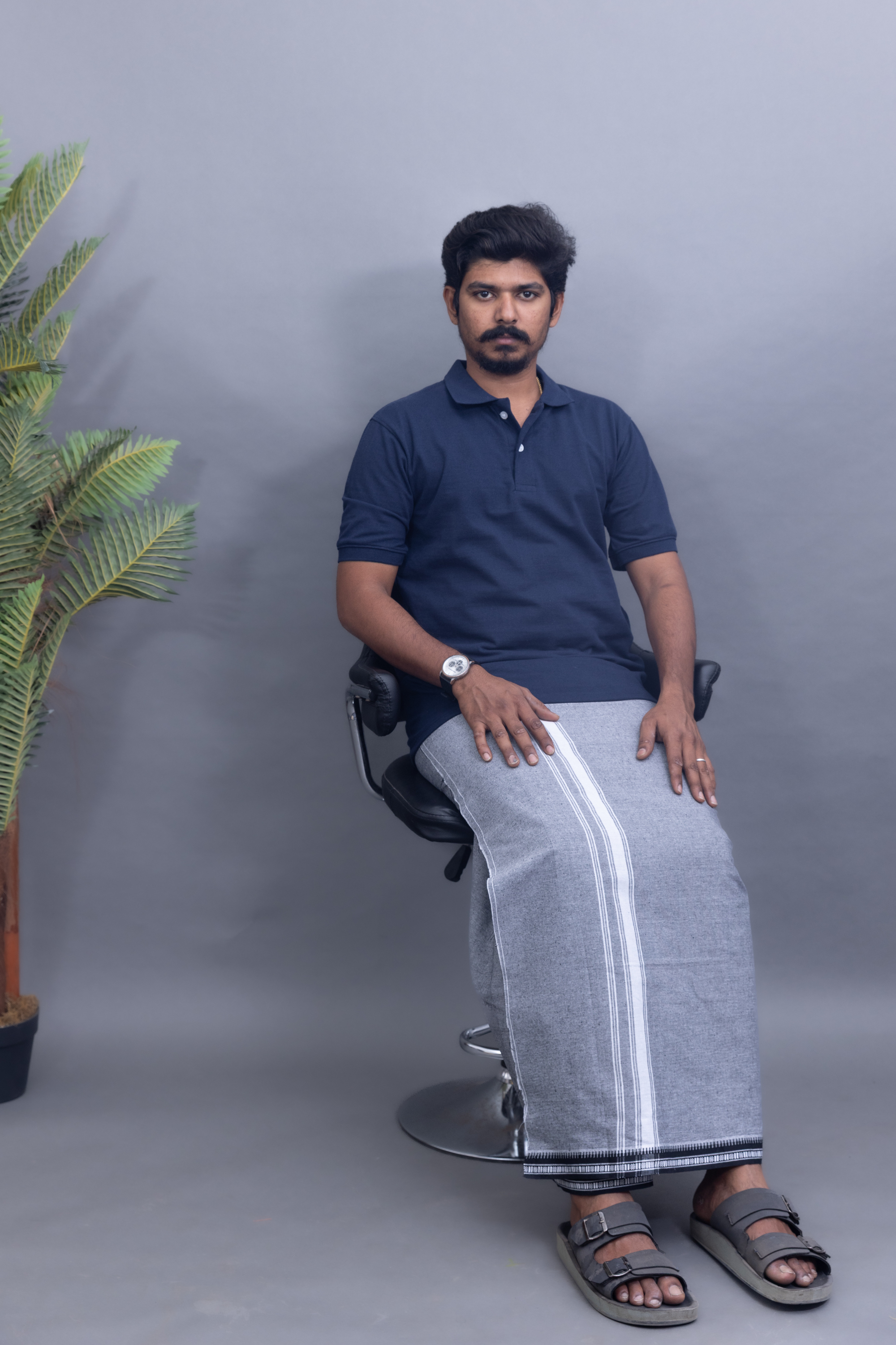 Navy Blue T-Shirt & Ash Grey Cotton Dhoti Combo for Men | Thalapathy Border| Single Layer | Comfortable Dhoti Set