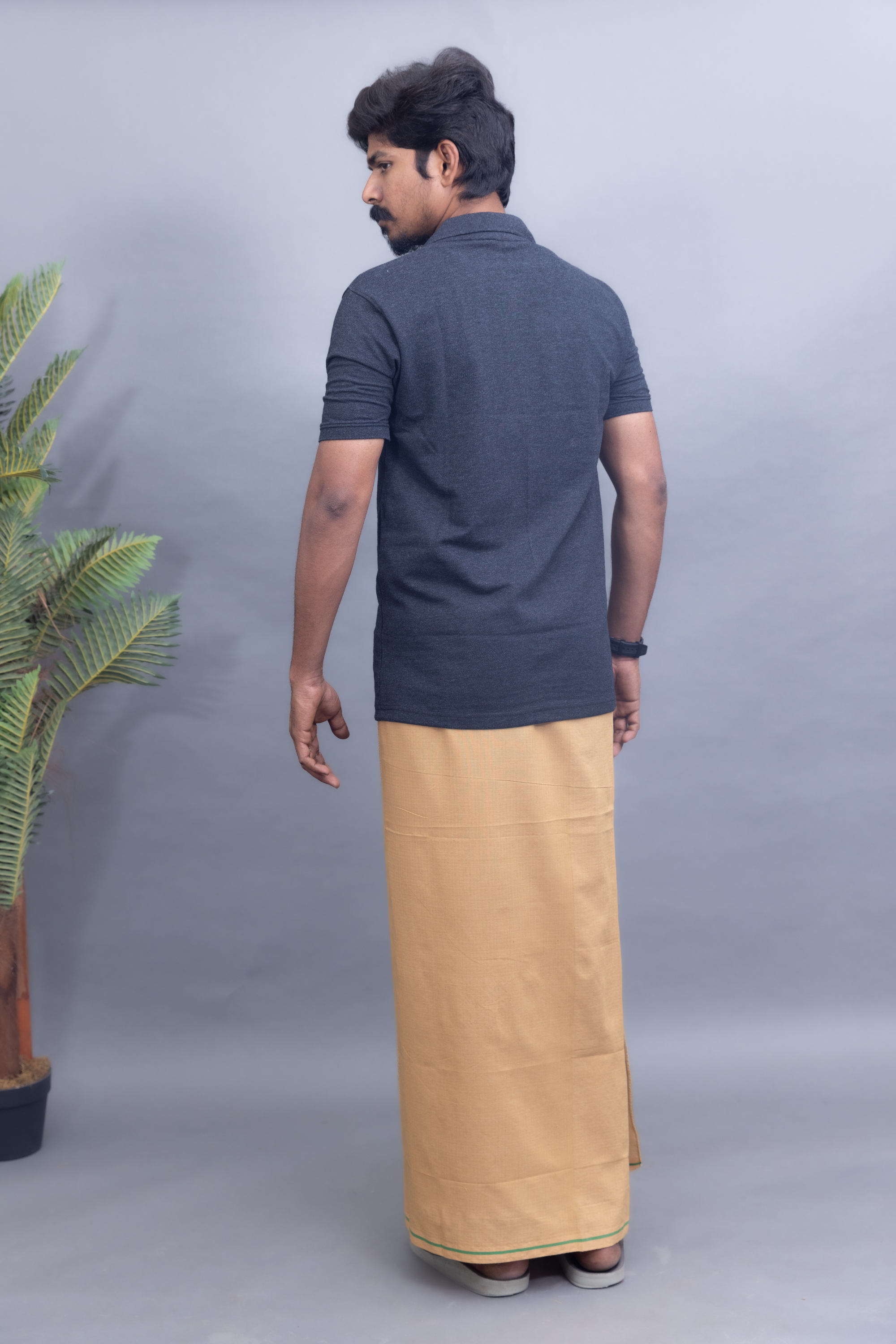 Dark Grey Polo Collar T-Shirt with Sandal Colour Dhoti Combo | Men's Cotton Dhoti Set | Single Layer