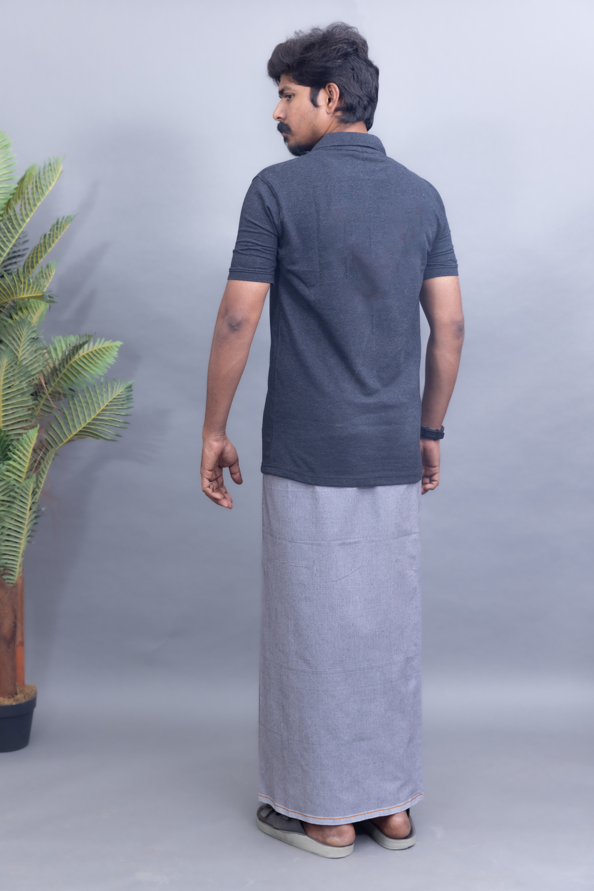 Dark Grey Polo Collar T-Shirt with Ash Grey Colour Dhoti Combo | Men's Cotton Dhoti Set | Single Layer