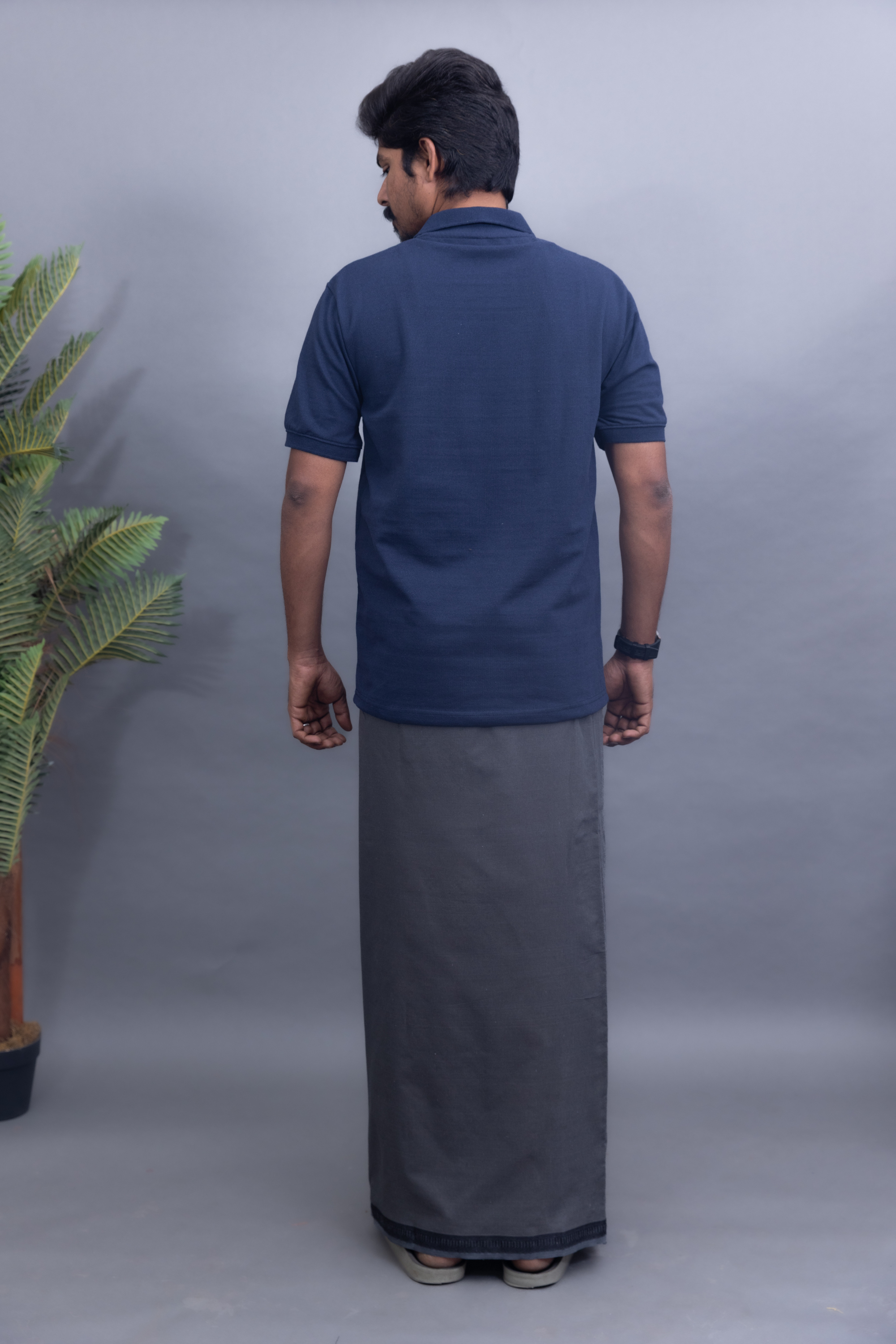 Navy Blue Polo Collar T-Shirt with Silver Colour Pentex Dhoti Combo | Men's Cotton Dhoti Set | Single Layer