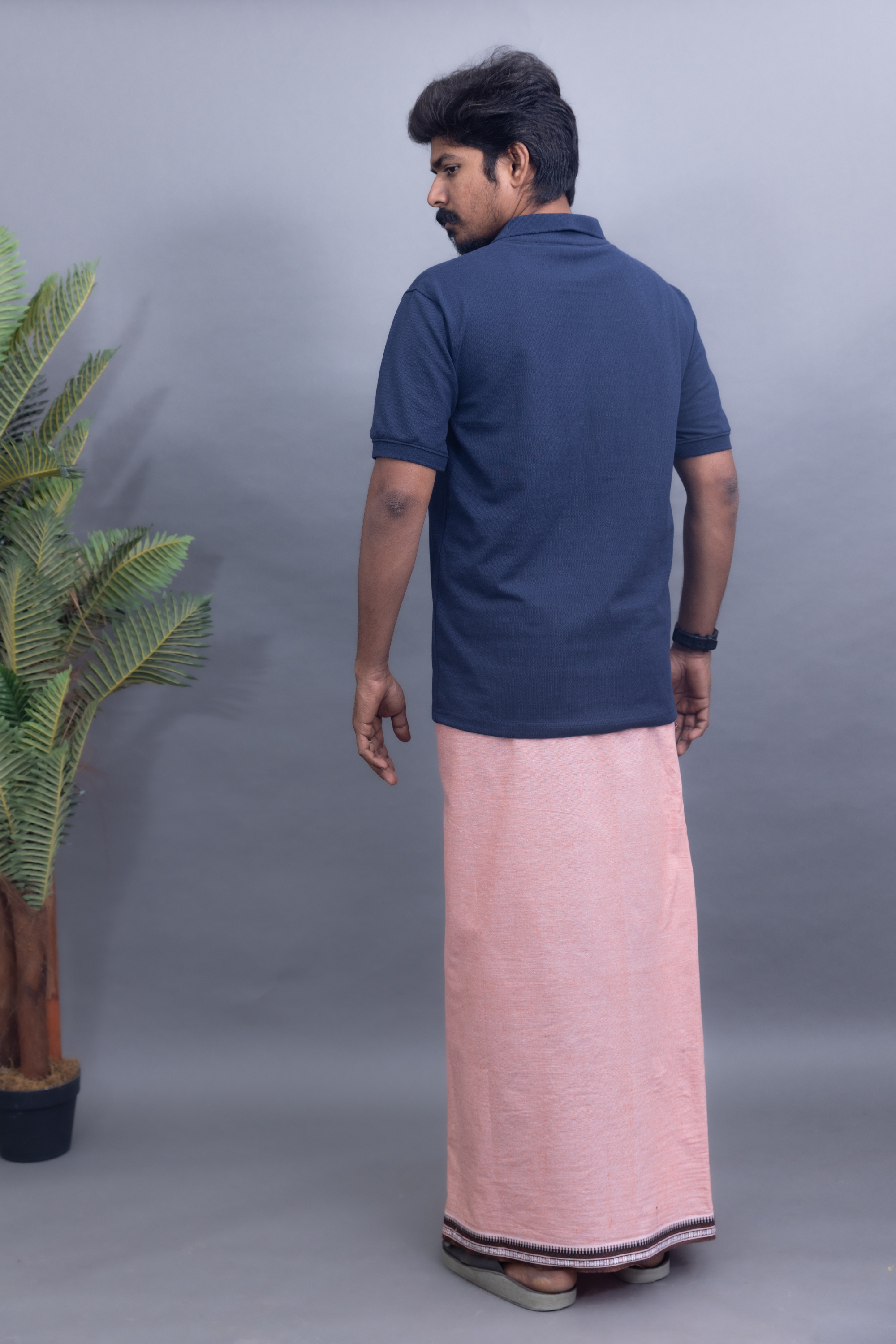 Navy Blue T-Shirt & Peach Colour Cotton Dhoti Combo for Men | Thalapathy Border| Single Layer | Comfortable Dhoti Set
