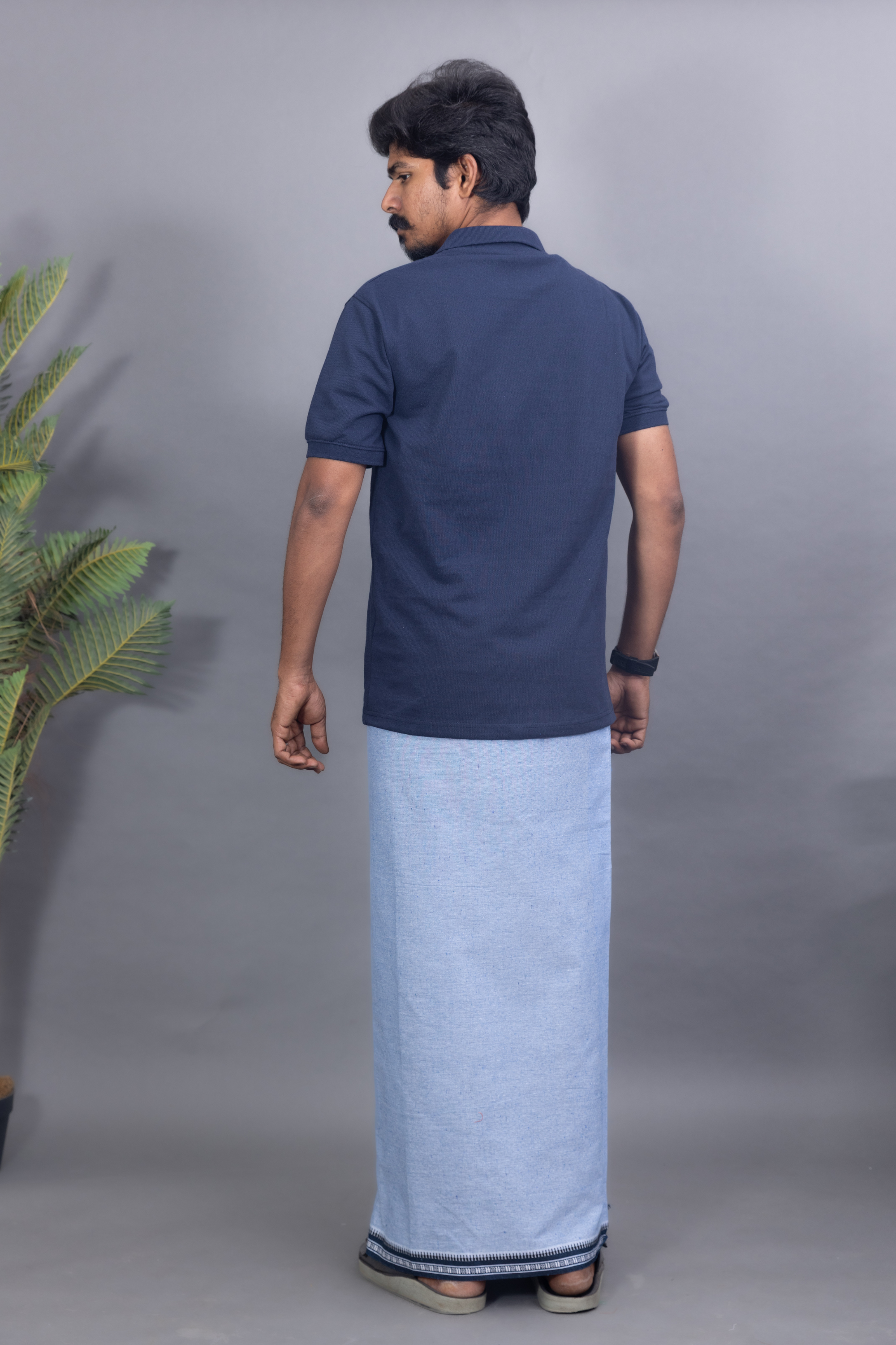 Navy Blue T-Shirt & Sky Blue Cotton Dhoti Combo for Men | Thalapathy Border | Comfortable Veshti Set