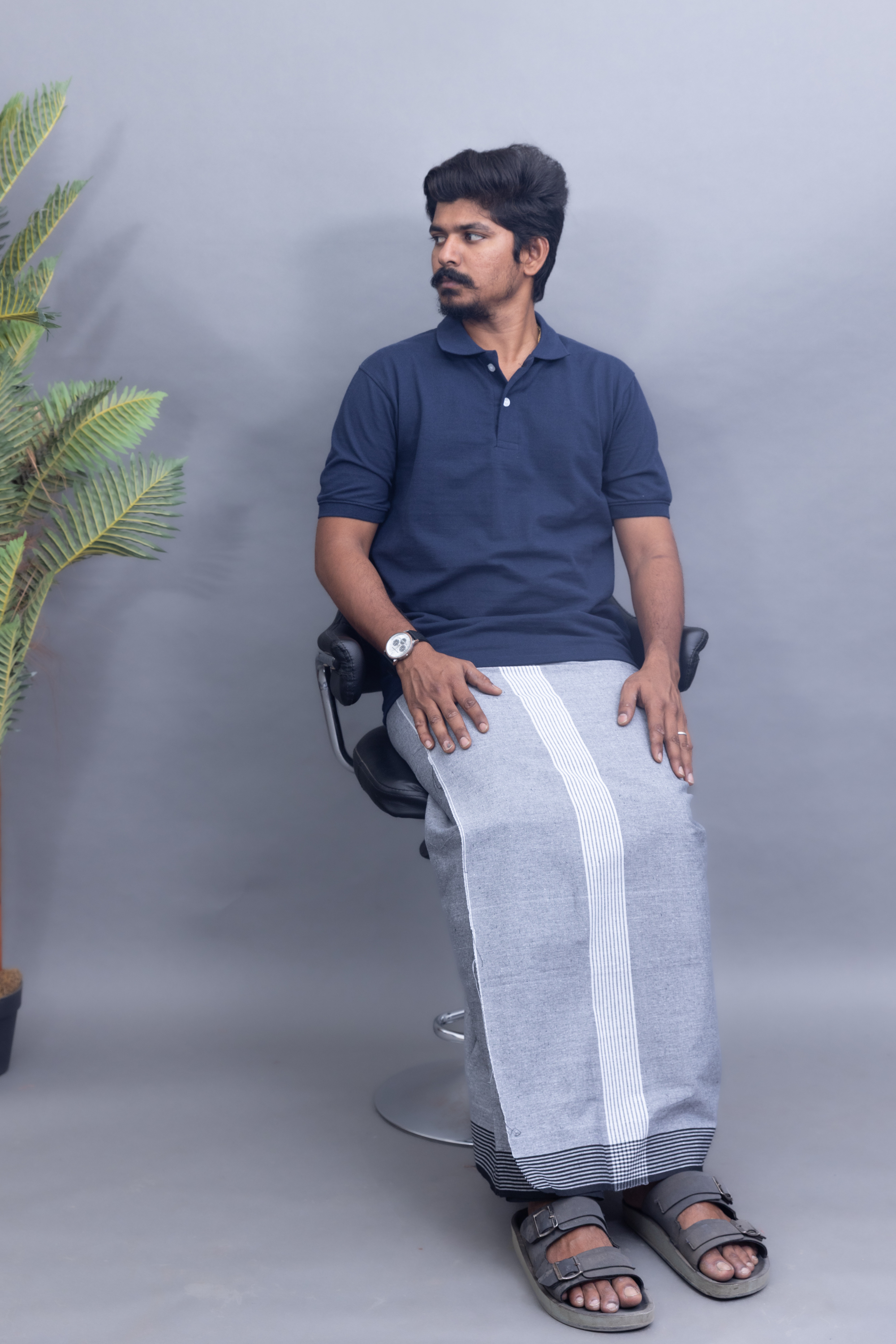 Navy Blue Polo Collar T-Shirt with Silver Vari Kara Dhoti Combo | Men's Cotton Dhoti Set | Single Layer