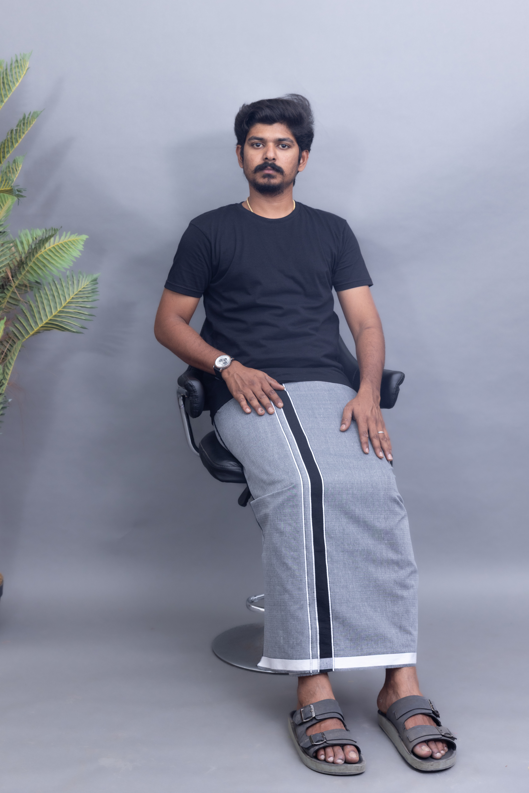 Black T-Shirt + Grey Colour Dhoti Combo | Daily Wear South Indian Style Set for Men