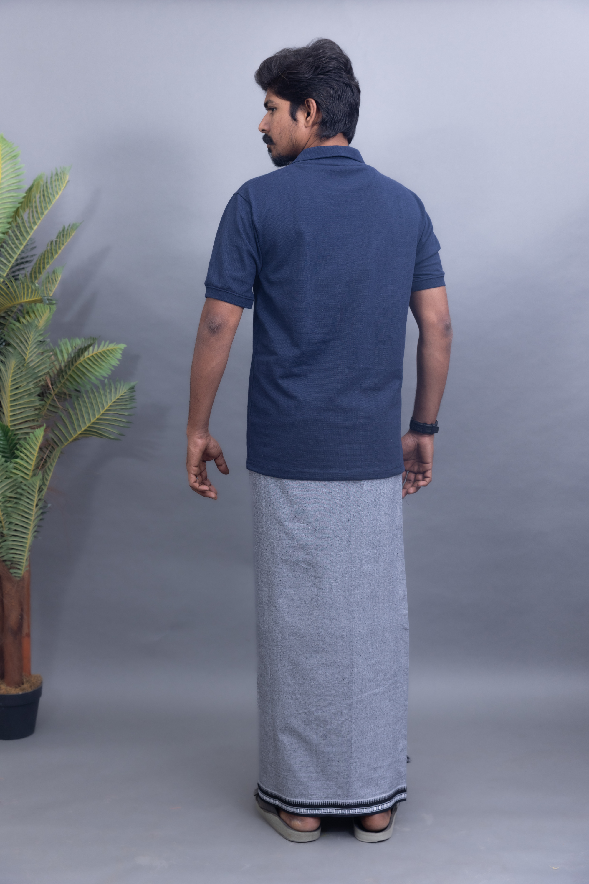 Navy Blue T-Shirt & Ash Grey Cotton Dhoti Combo for Men | Thalapathy Border| Single Layer | Comfortable Dhoti Set