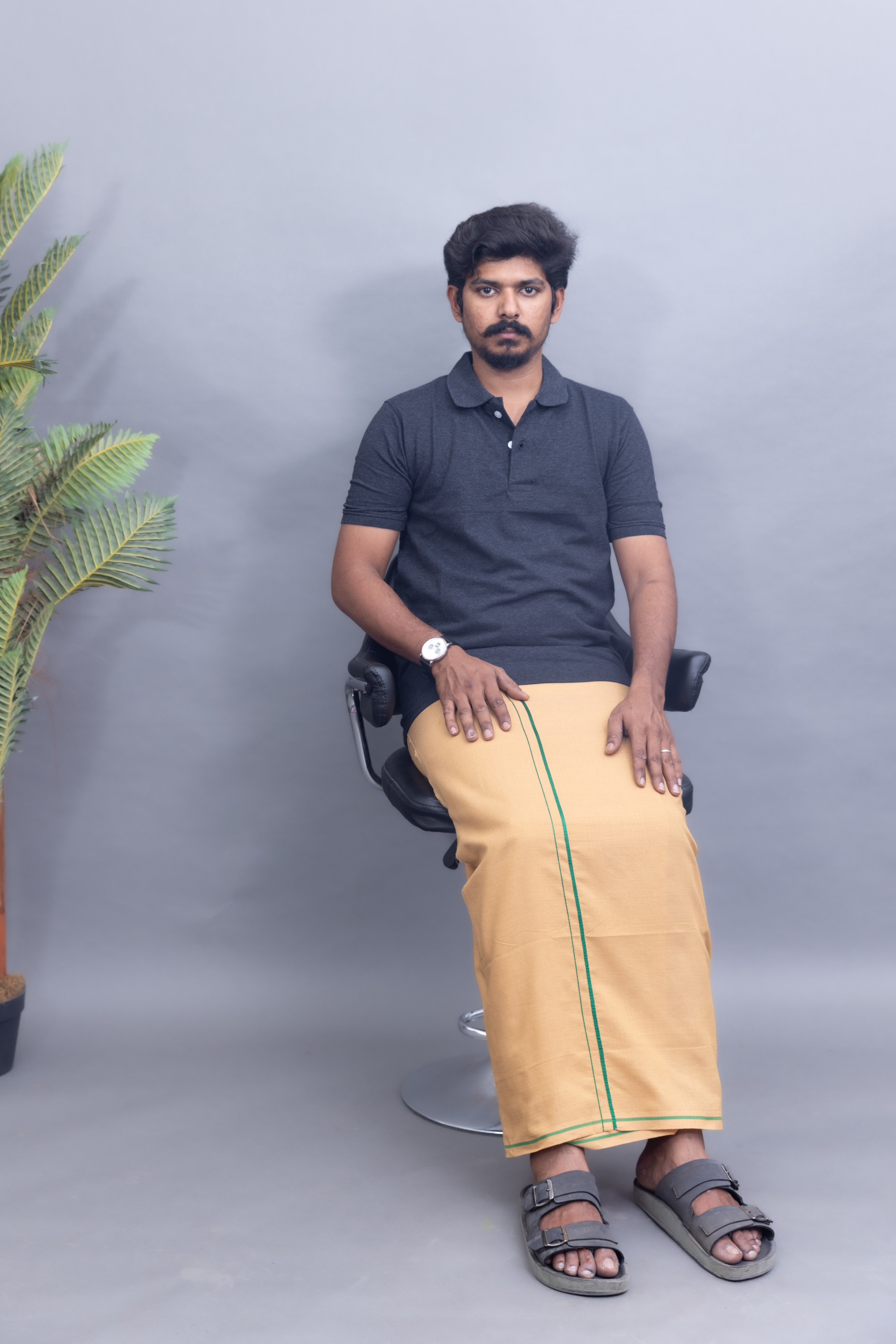 Dark Grey Polo Collar T-Shirt with Sandal Colour Dhoti Combo | Men's Cotton Dhoti Set | Single Layer